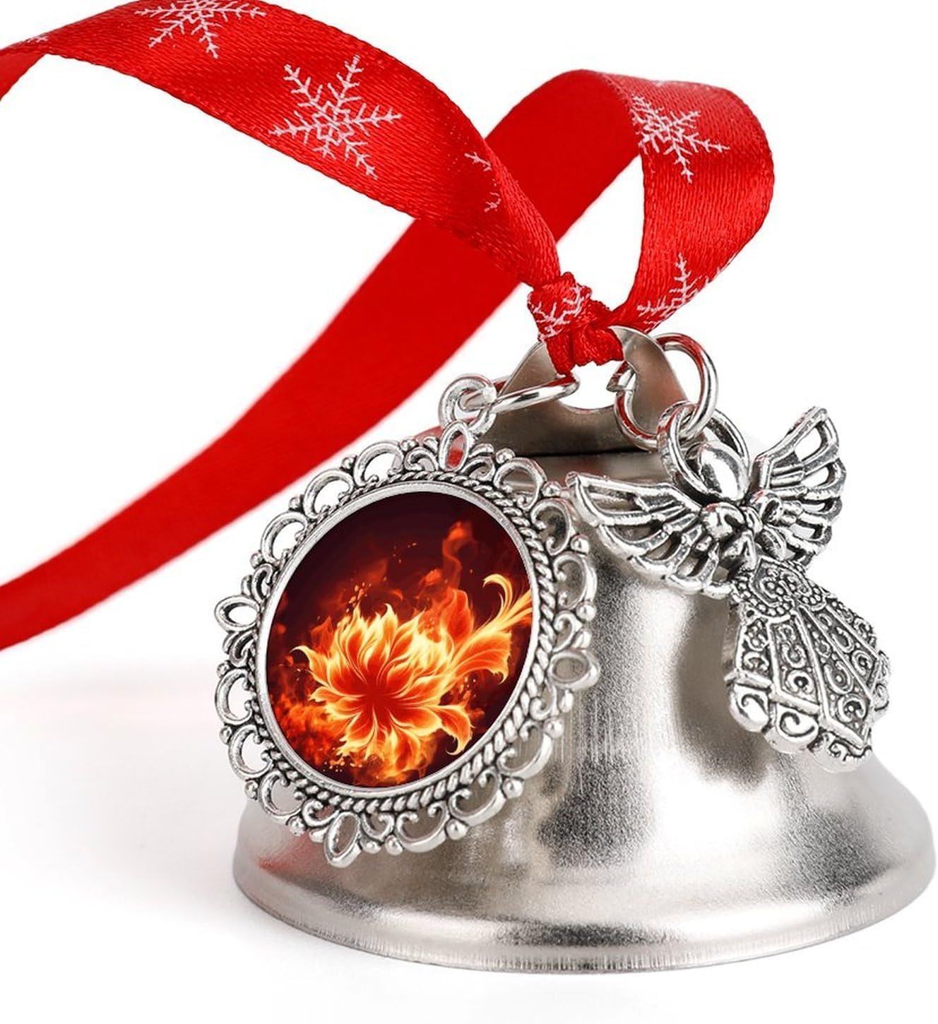 Flaming Fire Flowers Ornaments Metal Jingle Bells Christmas Bell Ornaments with Wings & Heart Silver Bell Pendant with Red Ribbon for Christmas Tree Holiday Decoration