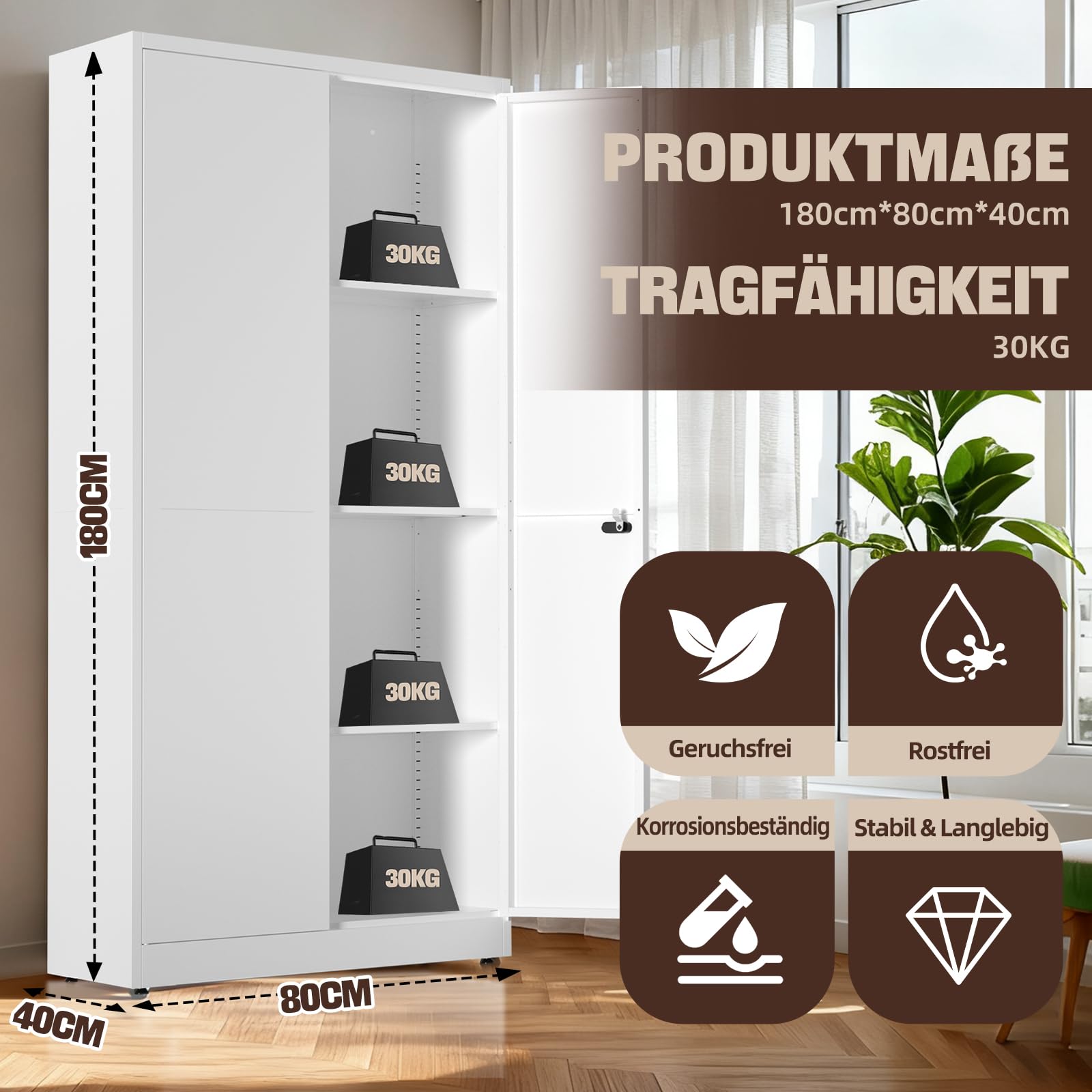 Aktenschrank，Aufbewahrungsschrank, Stahlspind, Abschließbarer Metallschrank mit Zahlenschloss, Verstellbare Regale, 180x80x40 cm, Mehrzweckschrank für Büro Garage & Haushalt, Weiß