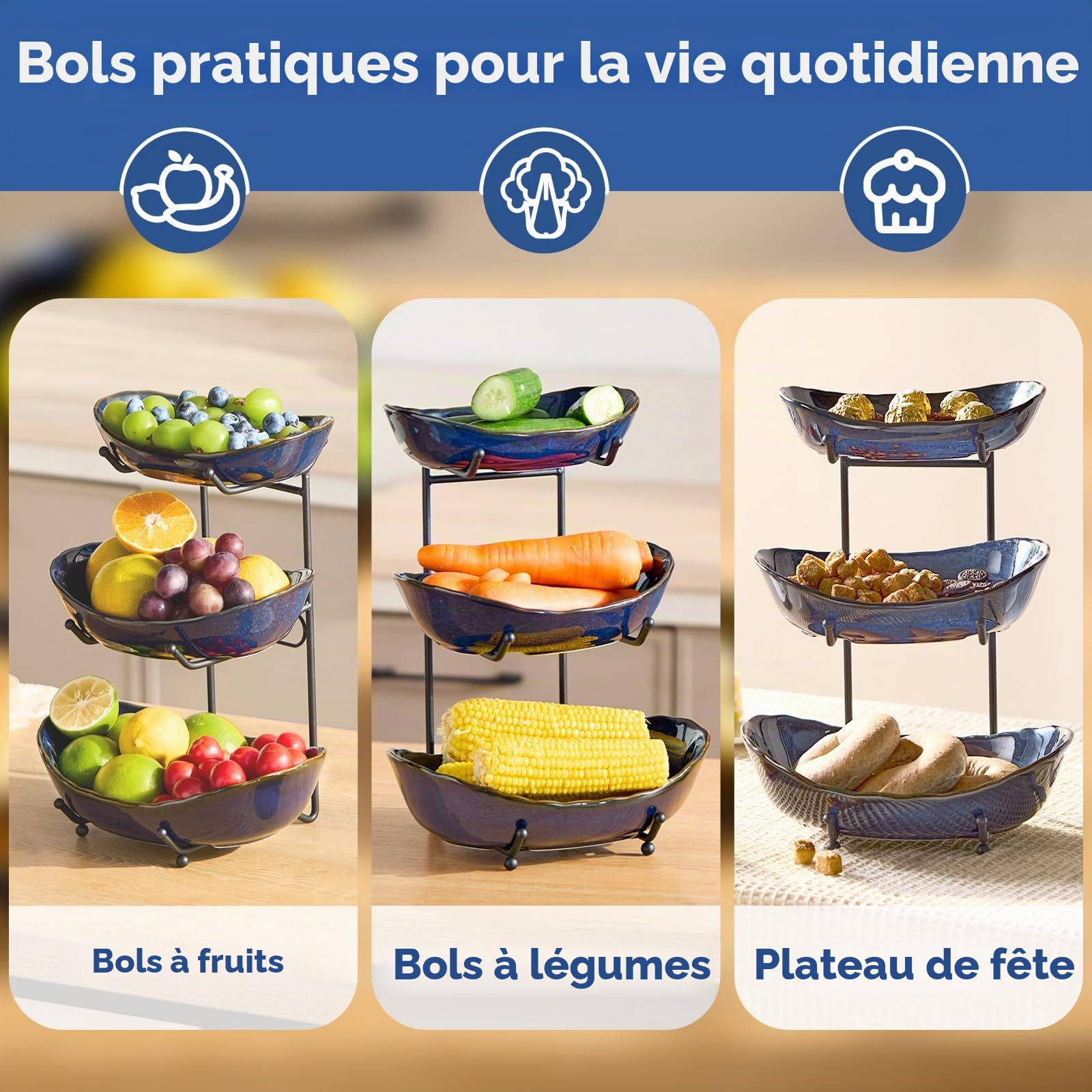 DUJUST Présentoir à fruits 3 niveaux en céramique, bol à fruits émaillé, gain de place & facile à ranger, plateau de service pour fruits, légumes & snacks, compatible lave-vaisselle & micro-ondes