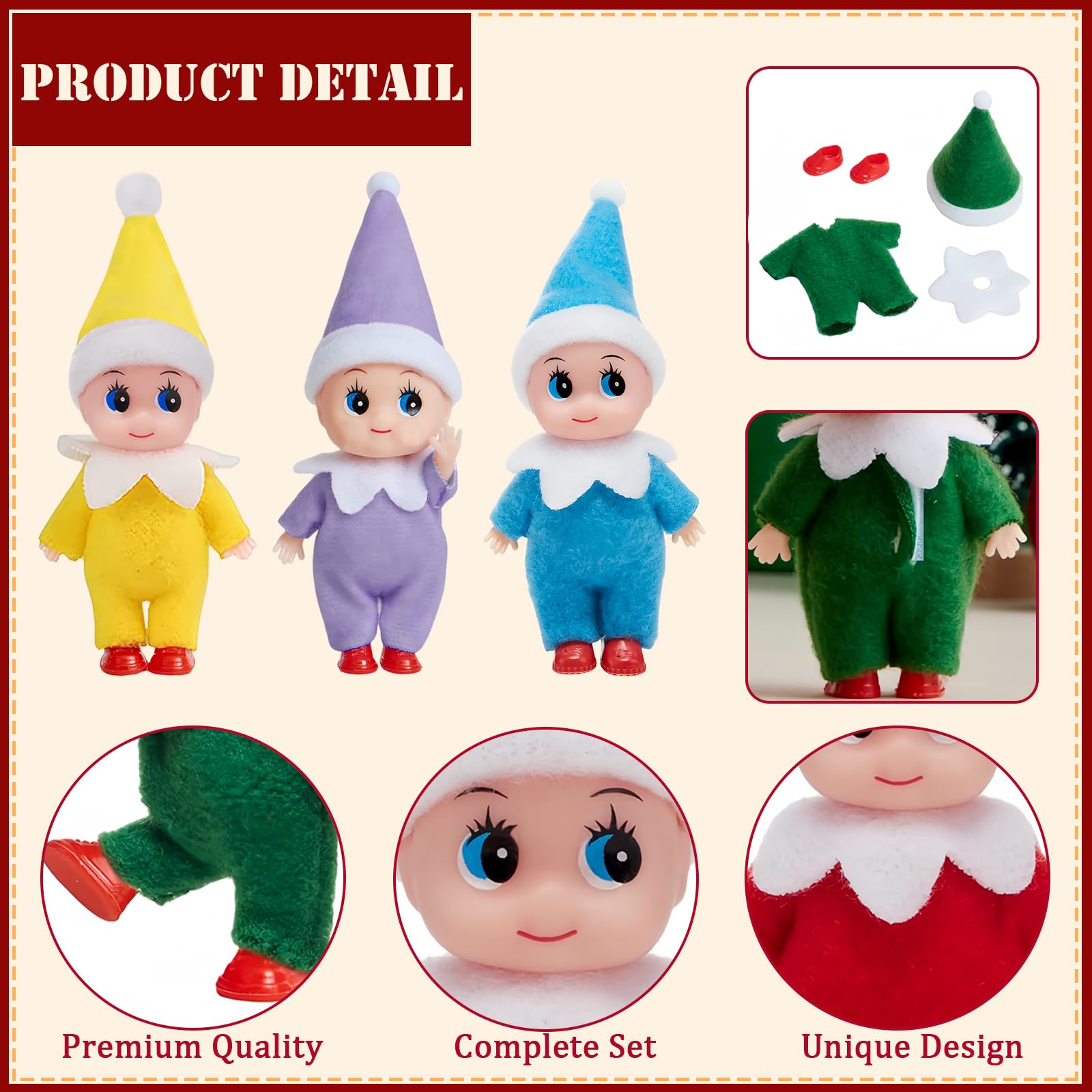 3pcs Mini Baby Elves Christmas Elf Baby Dolls for Girls Boys,Cute Little Elfs Twins Tiny Christmas Dolls Elf Accessories,Girl Elf Small Elf Baby Doll Elf Novelty Gift for Kids Xmas Stocking Stuffers - Image 3