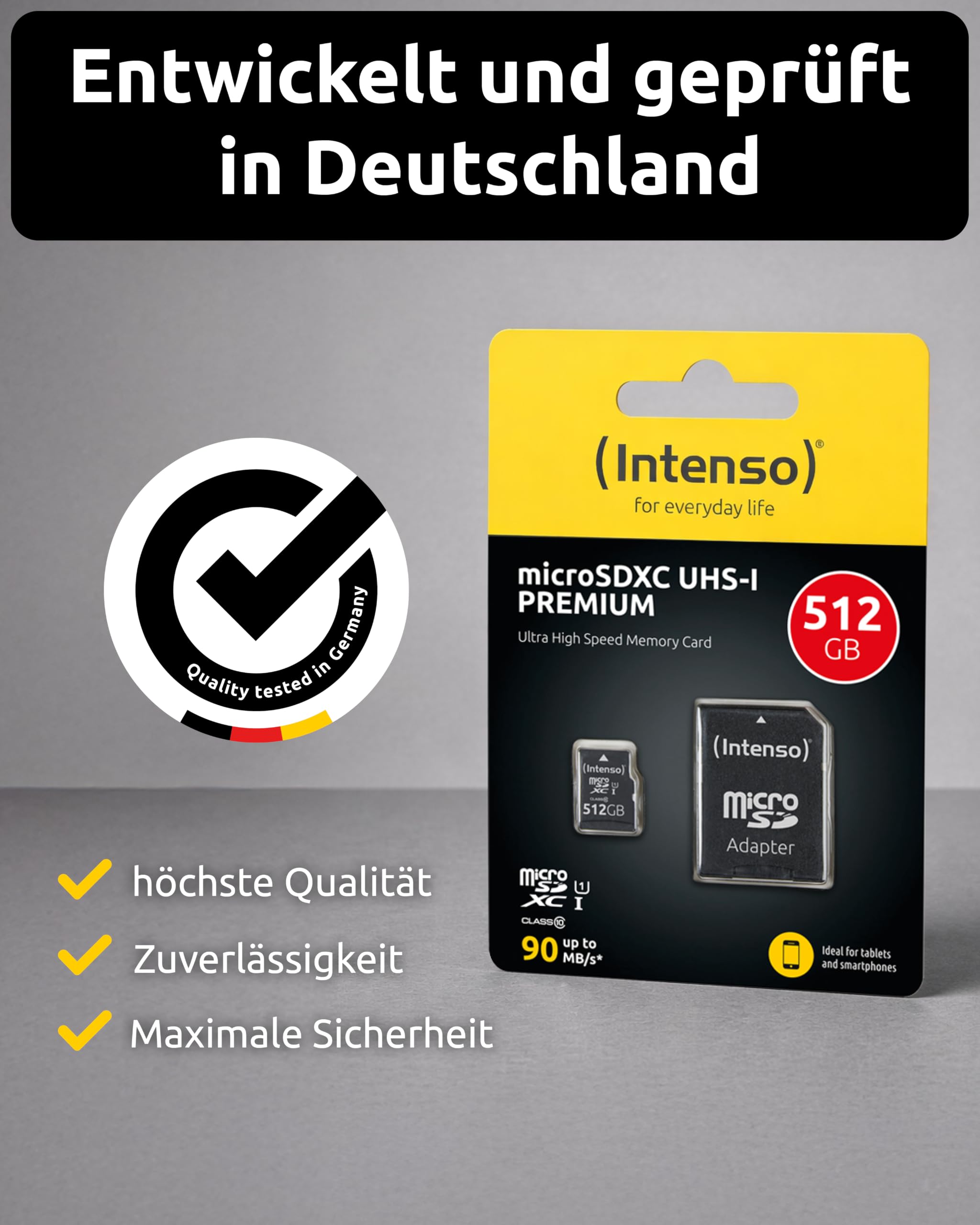 Intenso 512 Go Premium Carte Mémoire microSD avec Adaptateur SD, Classe 10 UHS-I, Vitesse de Lecture maximale de 45 Mo/s de ARCANITE 3423493 Noir