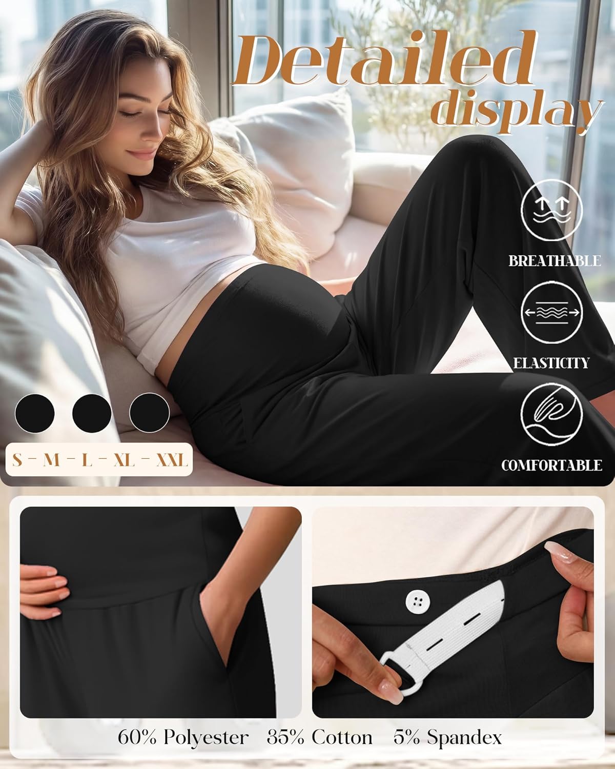 3 Pack Women's Maternity Pants Over The Belly Pregnancy Pants Stretchy Loose Wide Leg Lounge Pajama with Pockets(Black, Black, Black,Large)