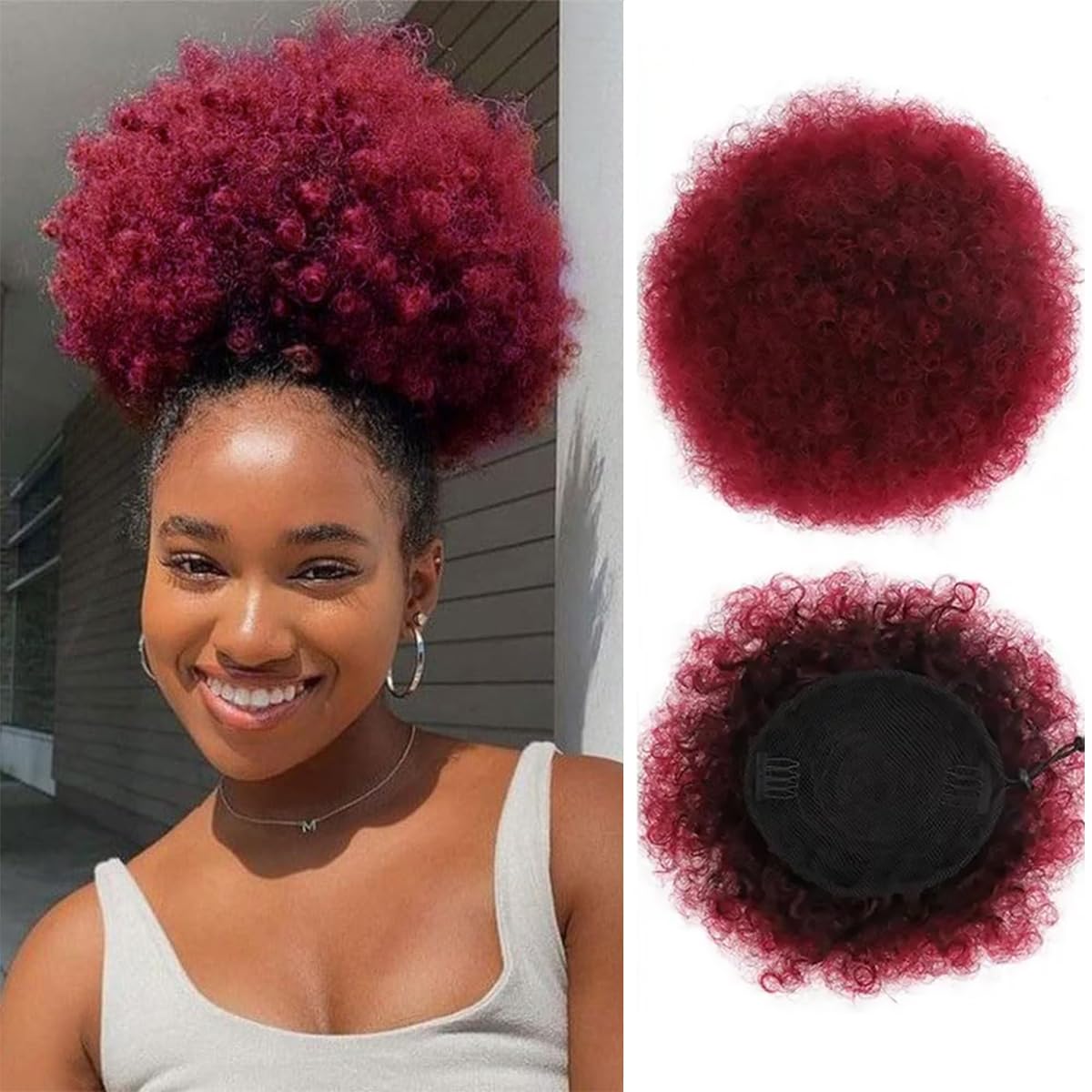 Feelgrace Afro Buns for Black Women 100% Brazilian Human Hair Red #99J Kinky Curly Afro Puff Drawstring Ponytail Hair Burgundy Color Bun Extensions
