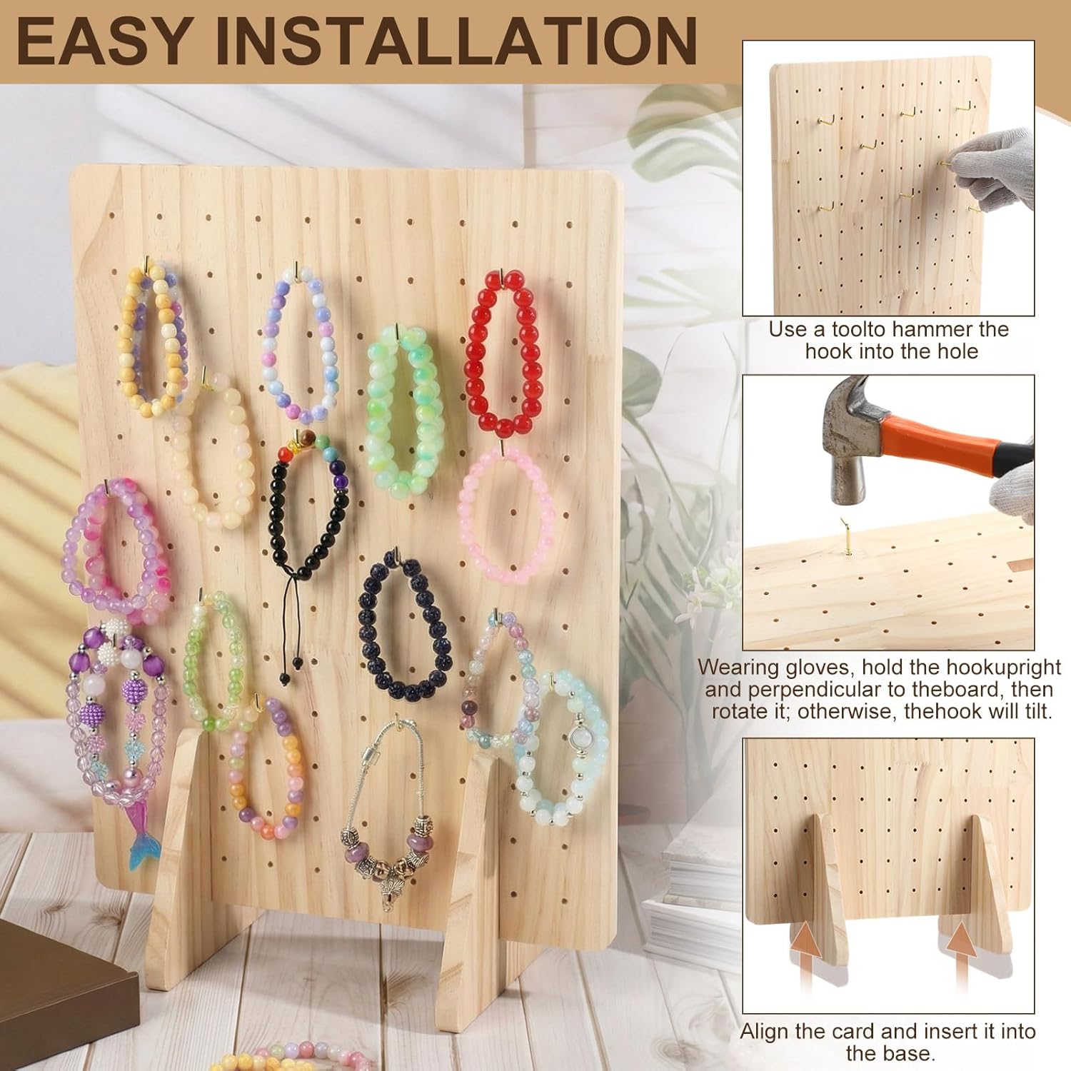 Colingmill 2 Pack Wooden Pegboard Display Stand for Keychain 16" x 12" Jewelry Rectangle Peg Board Tabletop Rack Organizer with 50 Hooks for Necklaces, Earrings, Craft Shows, Vendor Display(Wood)