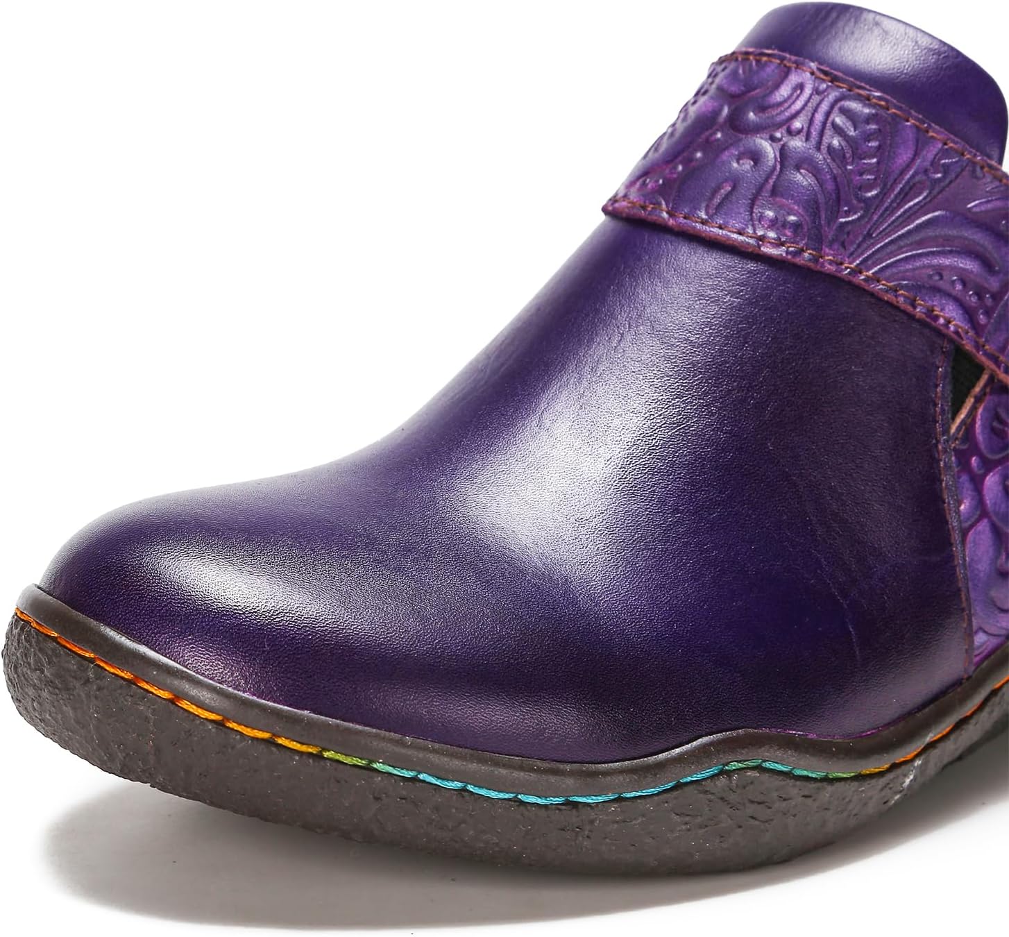 Superladystar's Women Comfy Cowhide Hand Made Flat Shoes, Coloring Painted, Hand Embossed, Retro Style, Walk Shoes