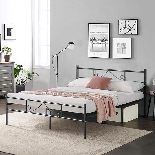 Base de cama de metal de tamaño matrimonial de 13 pulgadas con cabecera y plataforma de estribo con almacenamiento no necesita somier base de Base de cama de metal de tamaño matrimonial de 13 pulgadas con cabecera y plataforma de estribo con almacenamiento no necesita somier base de
