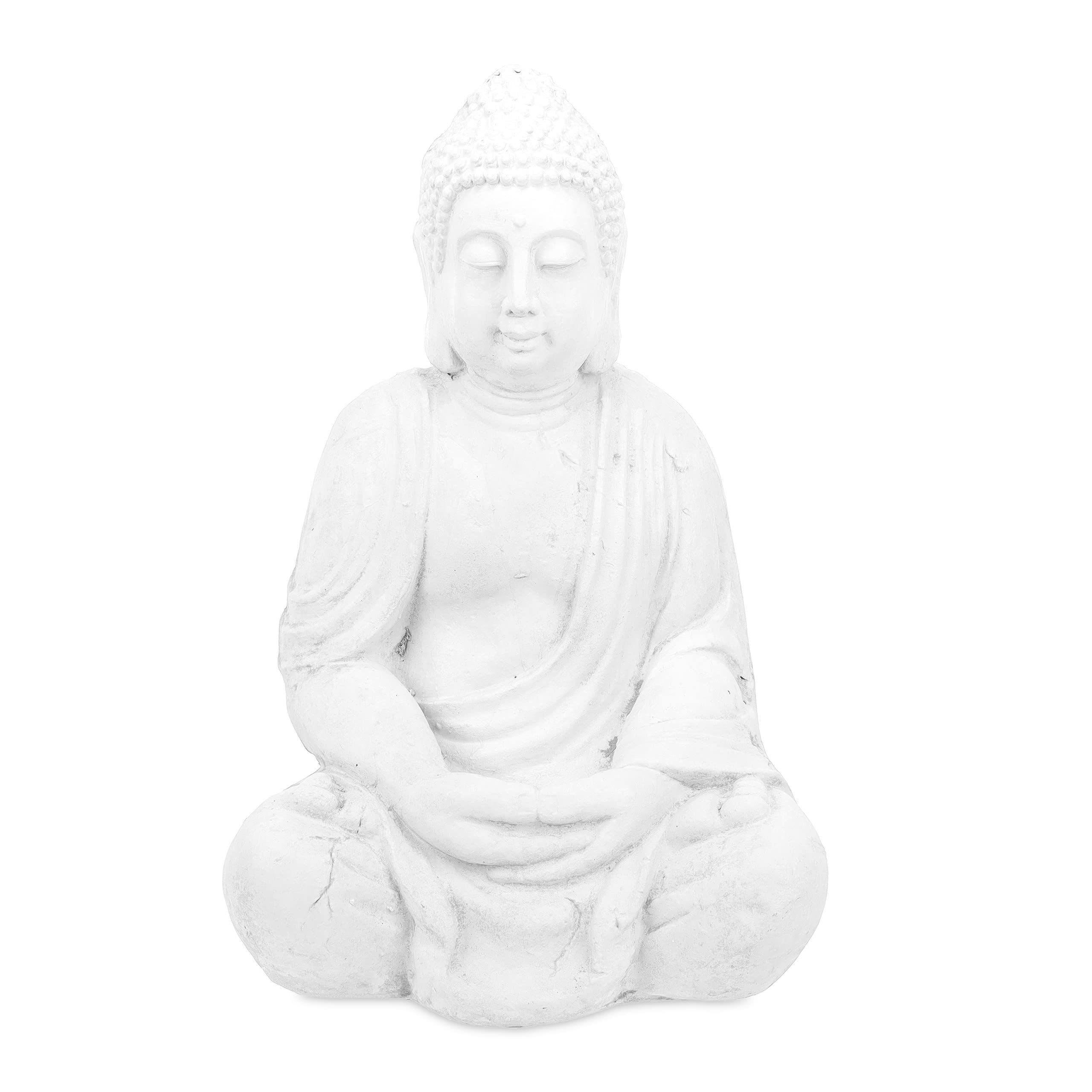 Relaxdays Figura Buda Sentado, 70 cm, Decoración Jardín XL, Resistente Intemperie y Heladas, Escultura Exterior, Blanco
