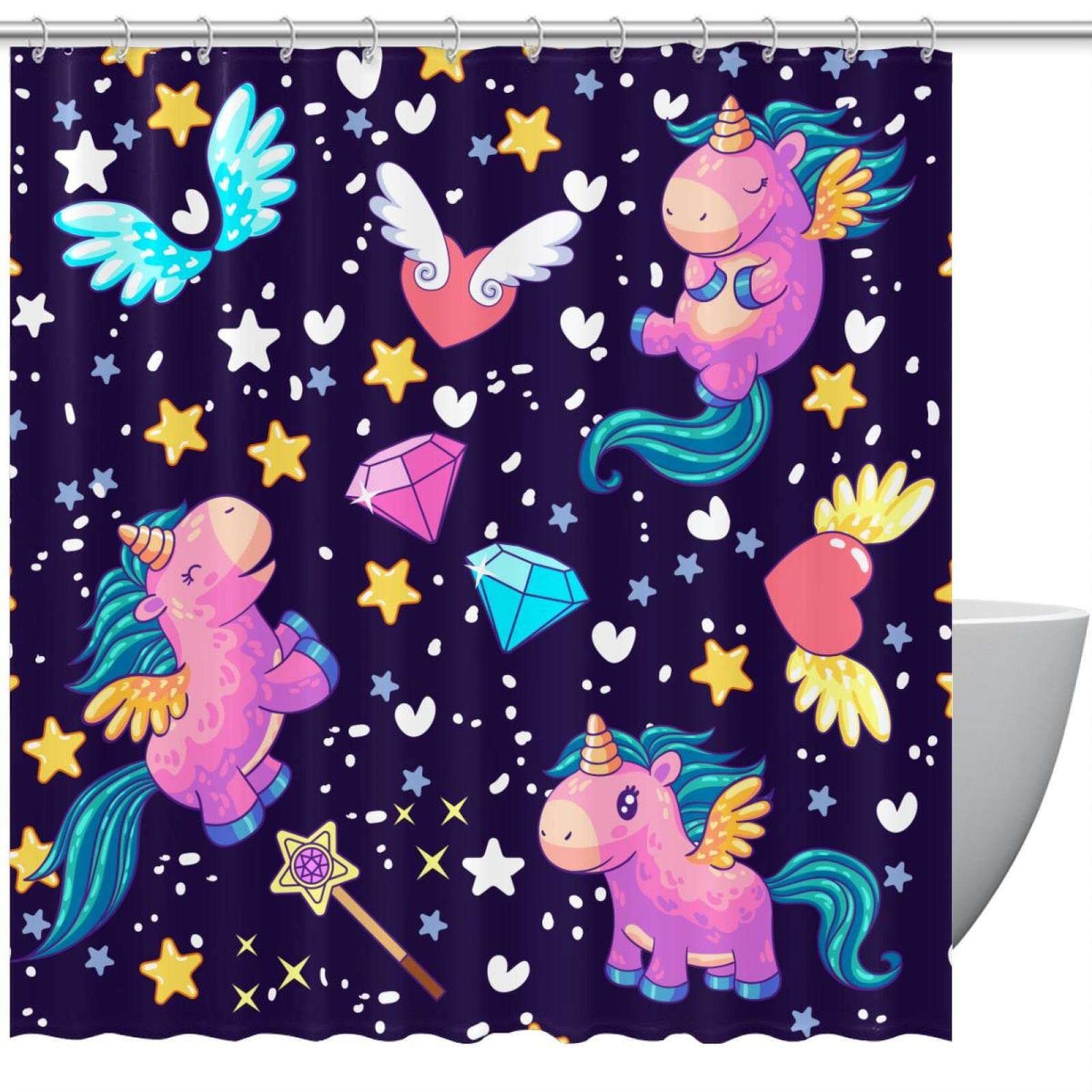 Rideau de douche licorne étoiles love pour salle de bain familiale 167x182cm