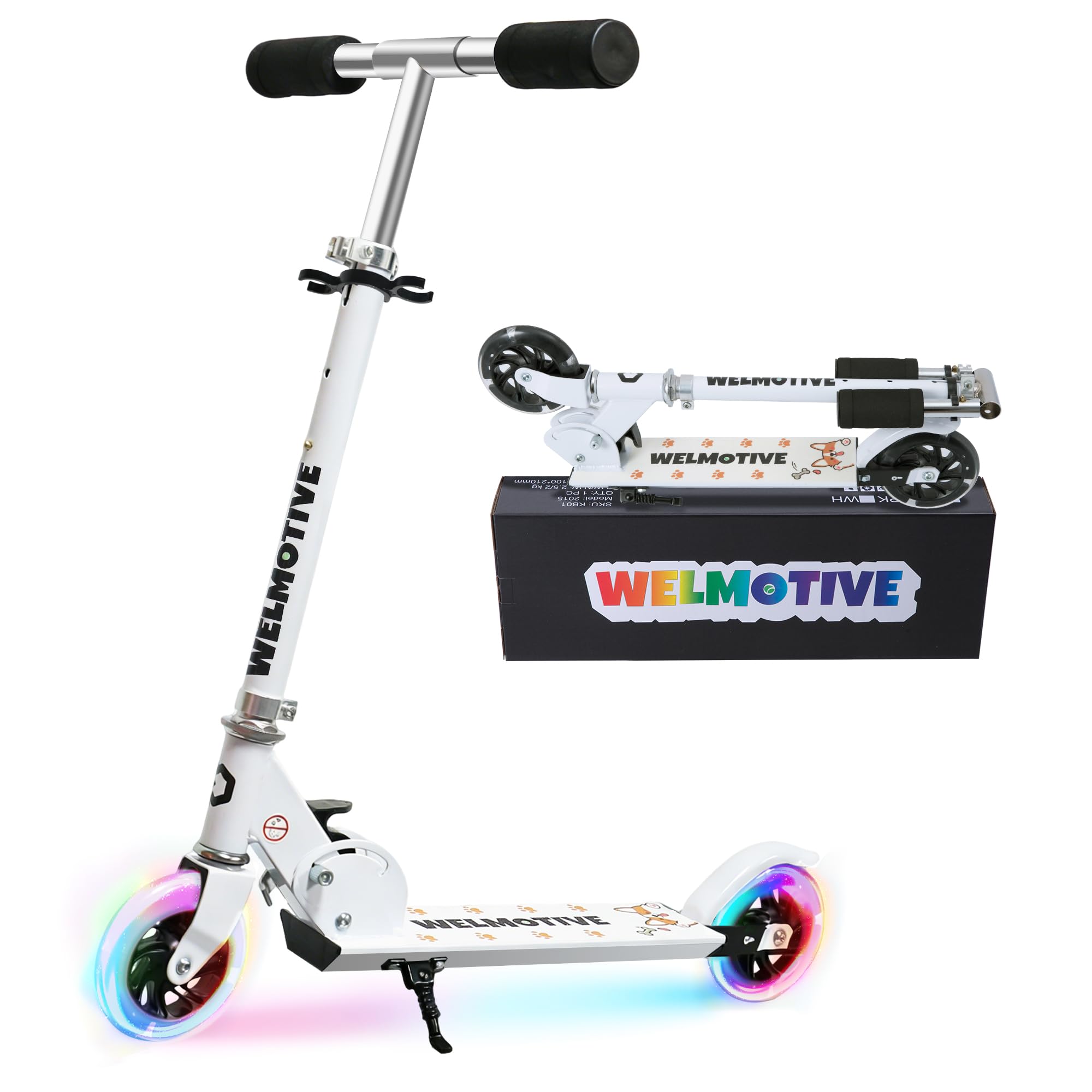 Kick Scooter for 3+Years Old Boys & Girls Lightweight, Foldable, Aluminum Frame, and Adjustable Handlebars, Rear Brake, and Flashing Light up Wheels (White)