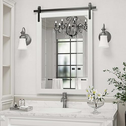 Miniatura 2 de Espejo de baño de granja, espejo cuadrado rústico blanco para pared, espejos de tocador con marco de madera, decoración estilo puerta de granero,