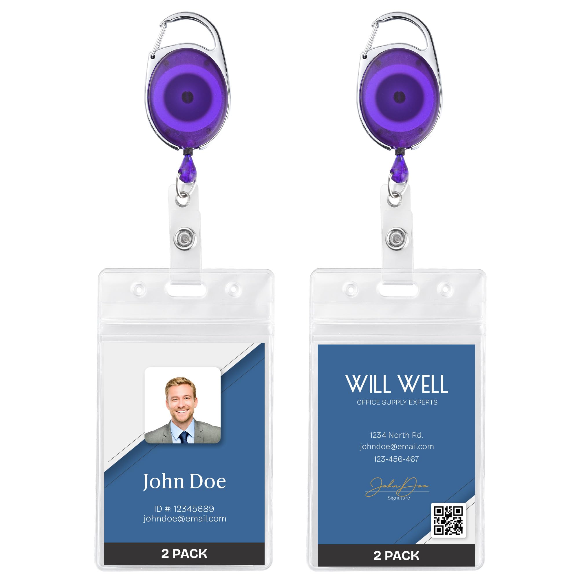 Photo 1 of 2 Pack Id Badge Holder With Clip – Transparent Purple Badge Reels with Id Sleeves Set – Clear Id Card Holder Retractable – Vertical Lanyard ID Holder with Badge Reel – Badge Holders with 24" Pull Cord