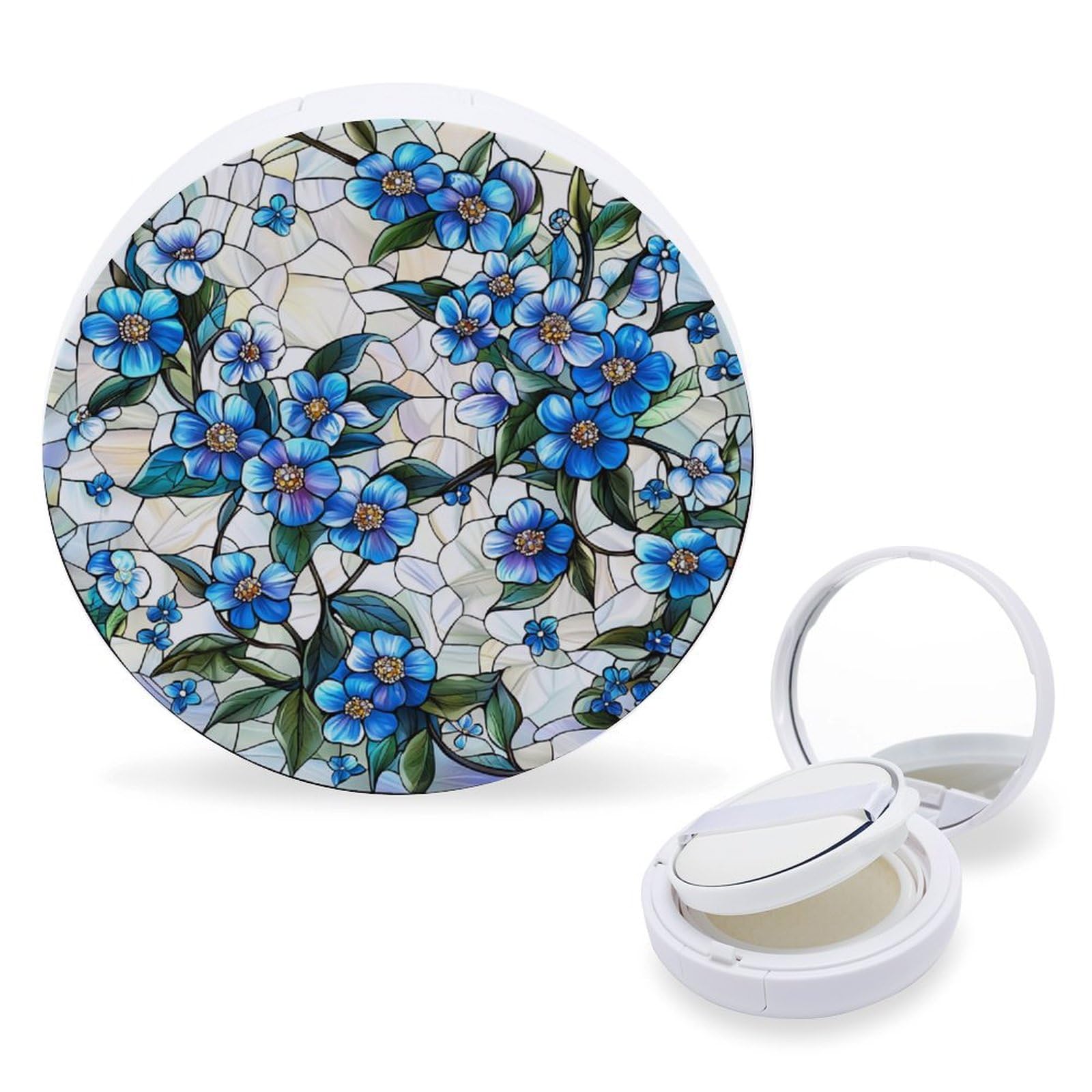 Hayyett Forget-Me-Not Blue Flower Stained Glass Air Cushion Puff Box Portable Cosmetic Makeup Case Container,Loose Powder Foundation Container