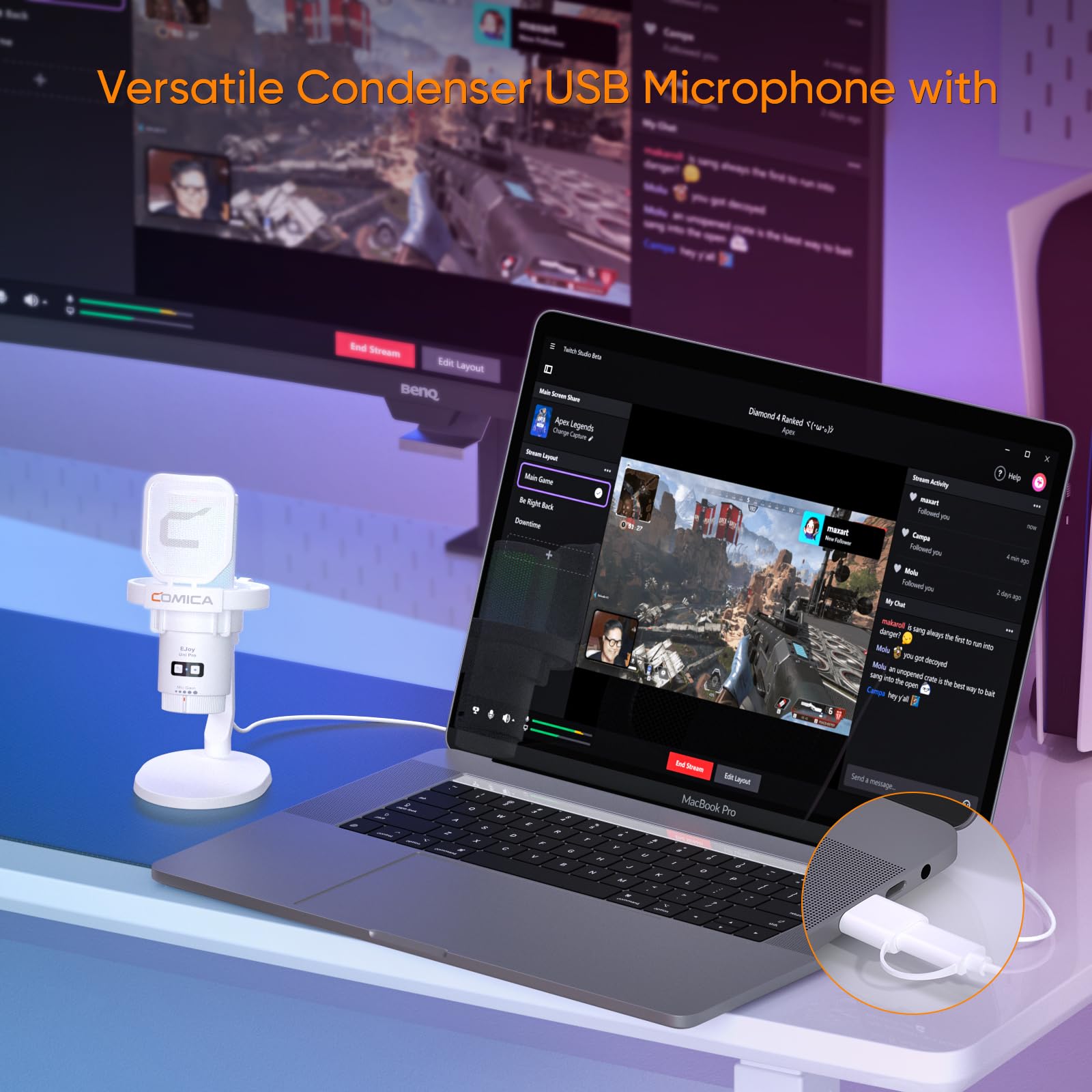comica EJoy Uni USB Gaming Microfono per PC con Riduzione del Rumore, Monitor, Gain, Mute, Microfono Condensatore RGB per Streaming, Podcast, Registrazione, YouTube, Computer, Mac, PS4, PS5-White