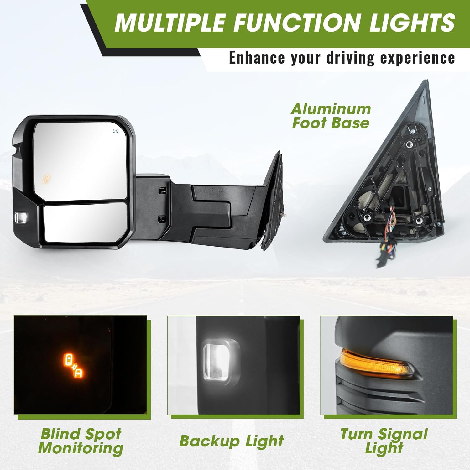 Towing Mirrors for Tundra 2022-2025 - Fully Heated (Flat & Convex Glass), Power Adjustable Main Mirror, Turn Signal, Backup Light, Manual Folding, BSM