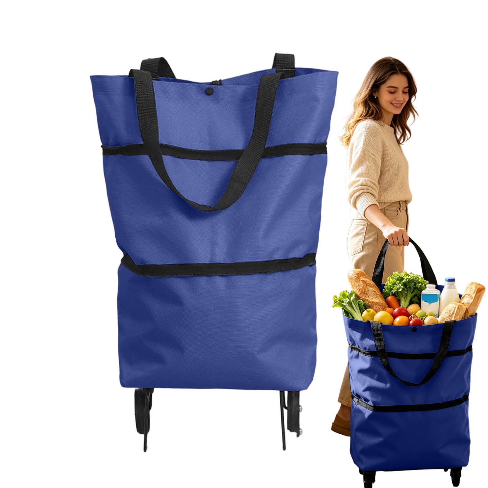 2-in-1 Foldable Shopping Cart with Wheels, Folding Shopping Bag, Waterproof & Sturdy Collapsible Shopping Bags Grocery Bags on Wheels for Travel Home Kitchen (# E)