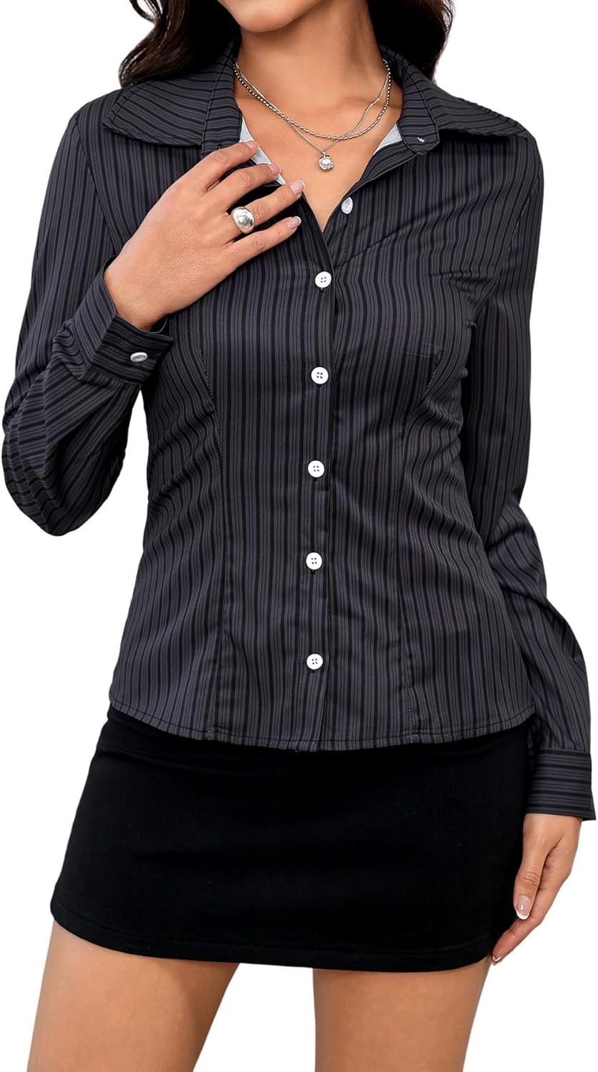 SweatyRocks Women's Striped Button Down Slim Fit Shirt Long Sleeve Collar Work Blouse Tops