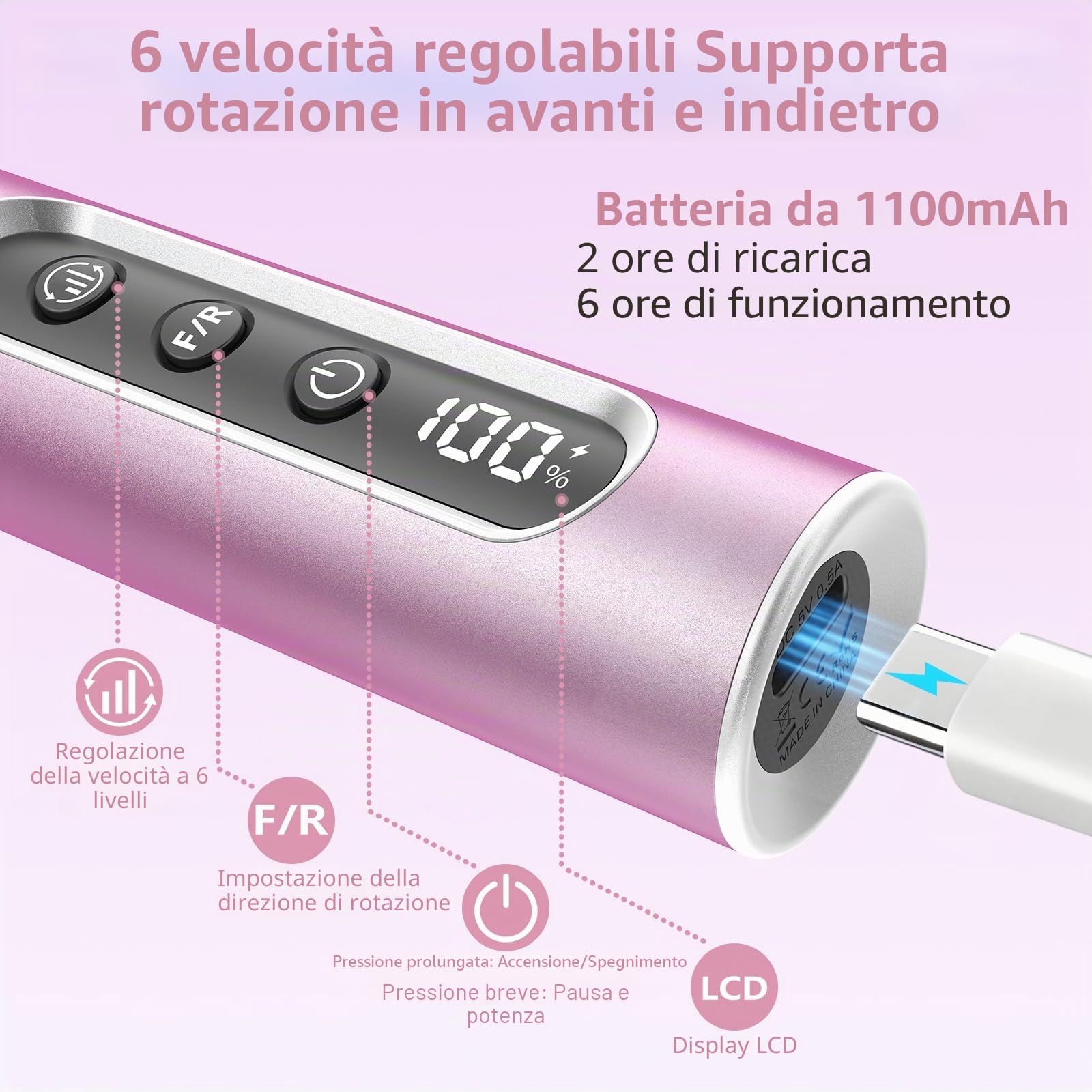 Fresa per unghie Professionale 45000 giri/min, Set manicure, pedicure, batteria senza fili, lima elettrica per unghie con 12 accessori per la cura delle unghie, cura dei piedi, elettrico a 6 velocità