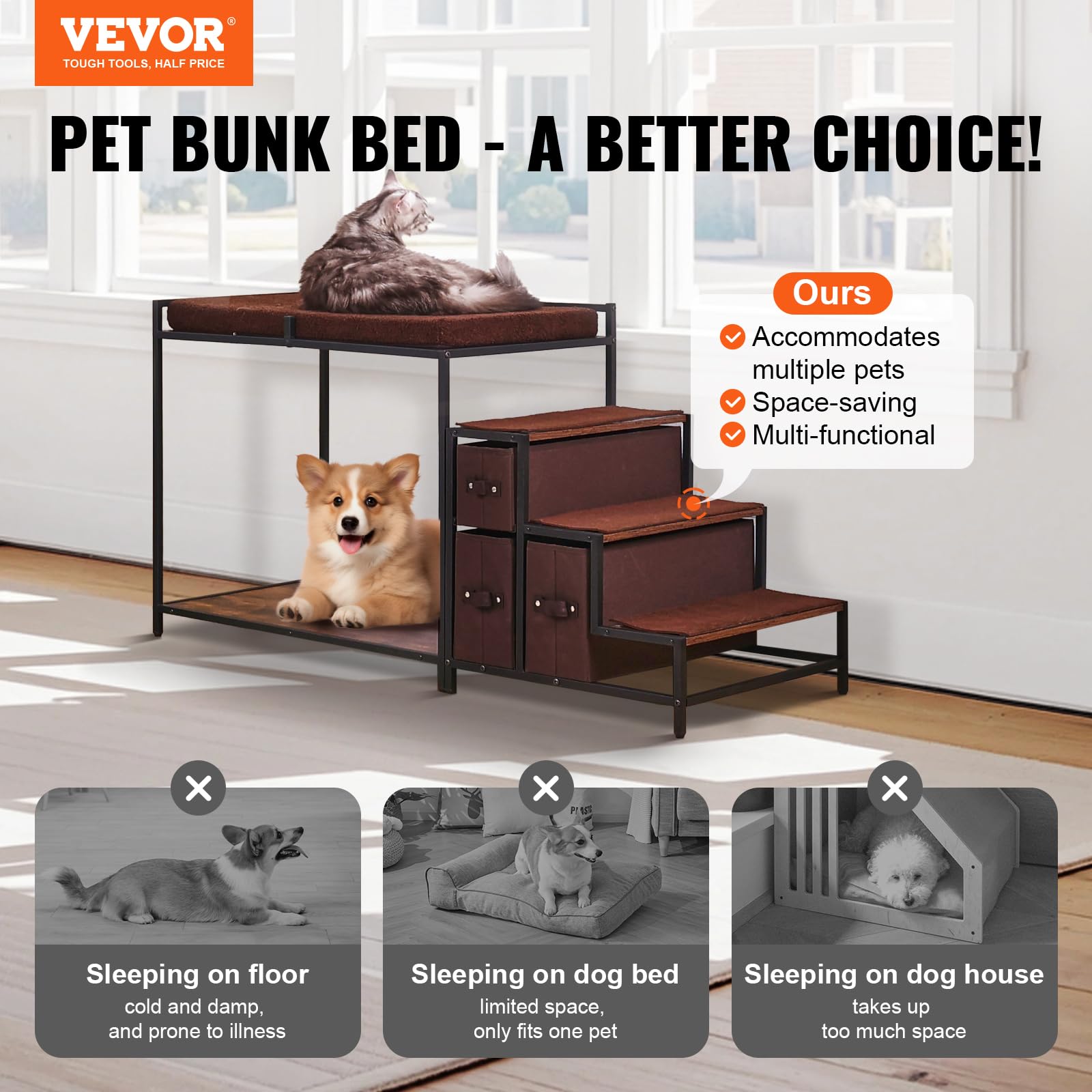 VEVOR Litera para Mascotas con Escaleras de 1245 x 500 x 660 mm, Percha para Ventana para Perros o Gatos con Espacio de Almacenamiento para Uso en Interiores, Hogar, Cerca de Cama y Ventana, Marrón