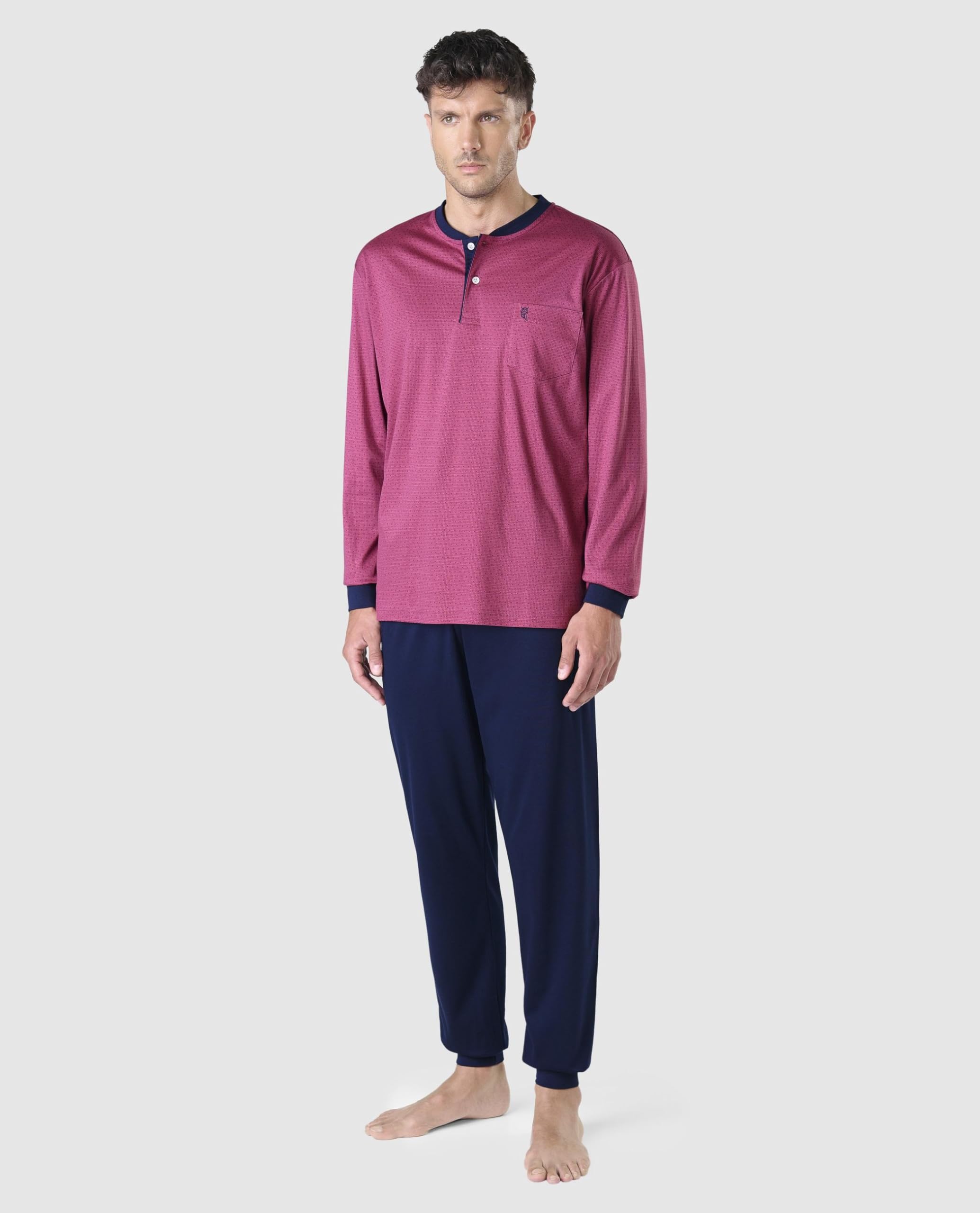 El Búho Nocturno Pijama Hombre Largo Premium Made in Portugal - Punto Grueso 100% Algodón Invierno o Mezcla Entretiempo Otoño - Conjunto Manga Larga Ropa Dormir Caballero