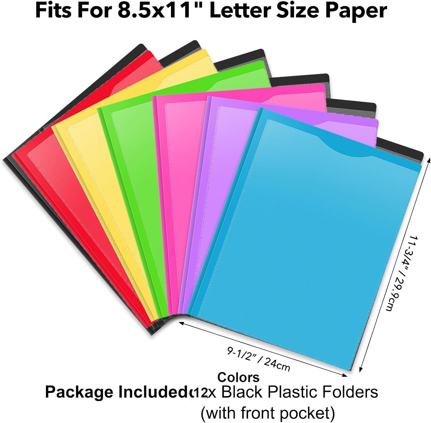 BAOFALI 12 Pack A4 Pocket Plastic Folder 2 Pockets and 3 Prongs 2 Card Slots, Durable, Tear-Resistant Heavy Duty Pocket Folders with Prongs, Colored Prong Folders for Schoolwork & Officer
