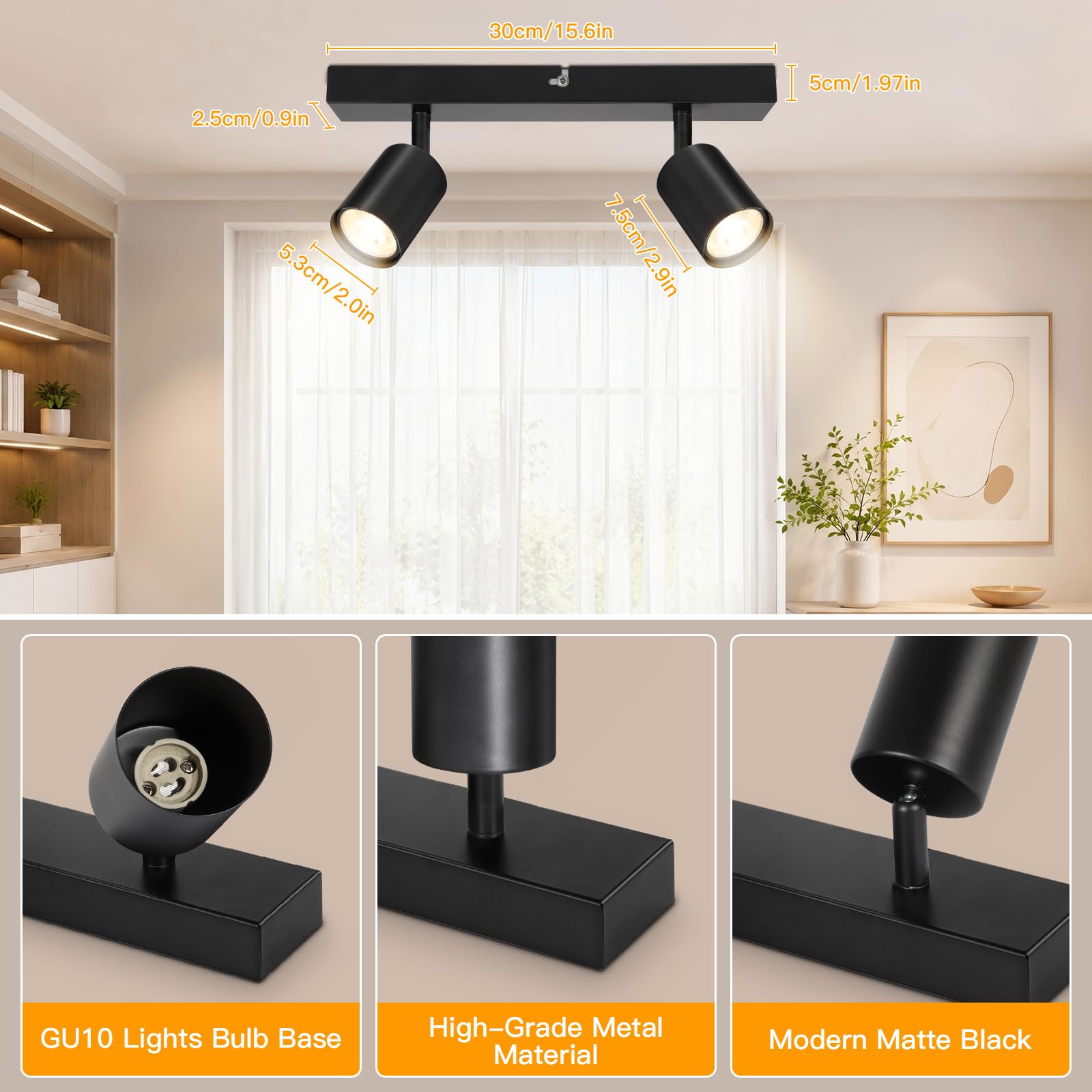 Lámpara de Techo de 2 Focos Giratorios GU10, Lámpara de Pared Interior LED Negro Ajustables, Foco de Pared para Interior Iluminación para Dormitorio Pasillo Cocina, Sin Bombilla GU10