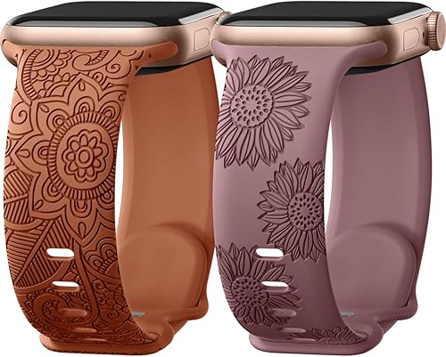 Vista 64 de Odbeai Correa deportiva de silicona suave con grabado floral compatible con Apple Watch de 1.496 pulgadas, 1.575 pulgadas, 1.614 pulgadas, 1.654