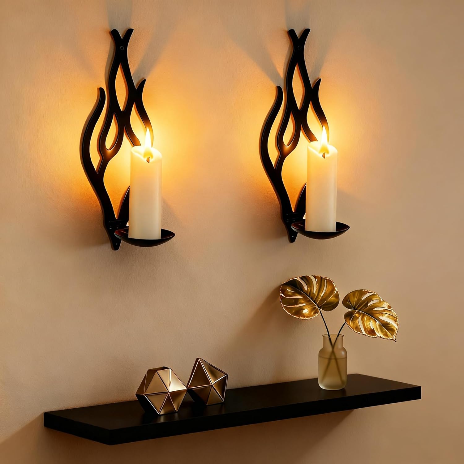Wall Candle Sconces Set of 2, Modern Minimalist Metal Candle Holders for Pillar, Tealight, and LED Candles, Flame-Shaped Decorative Wall Decor for Living Room Dining Room (Black)