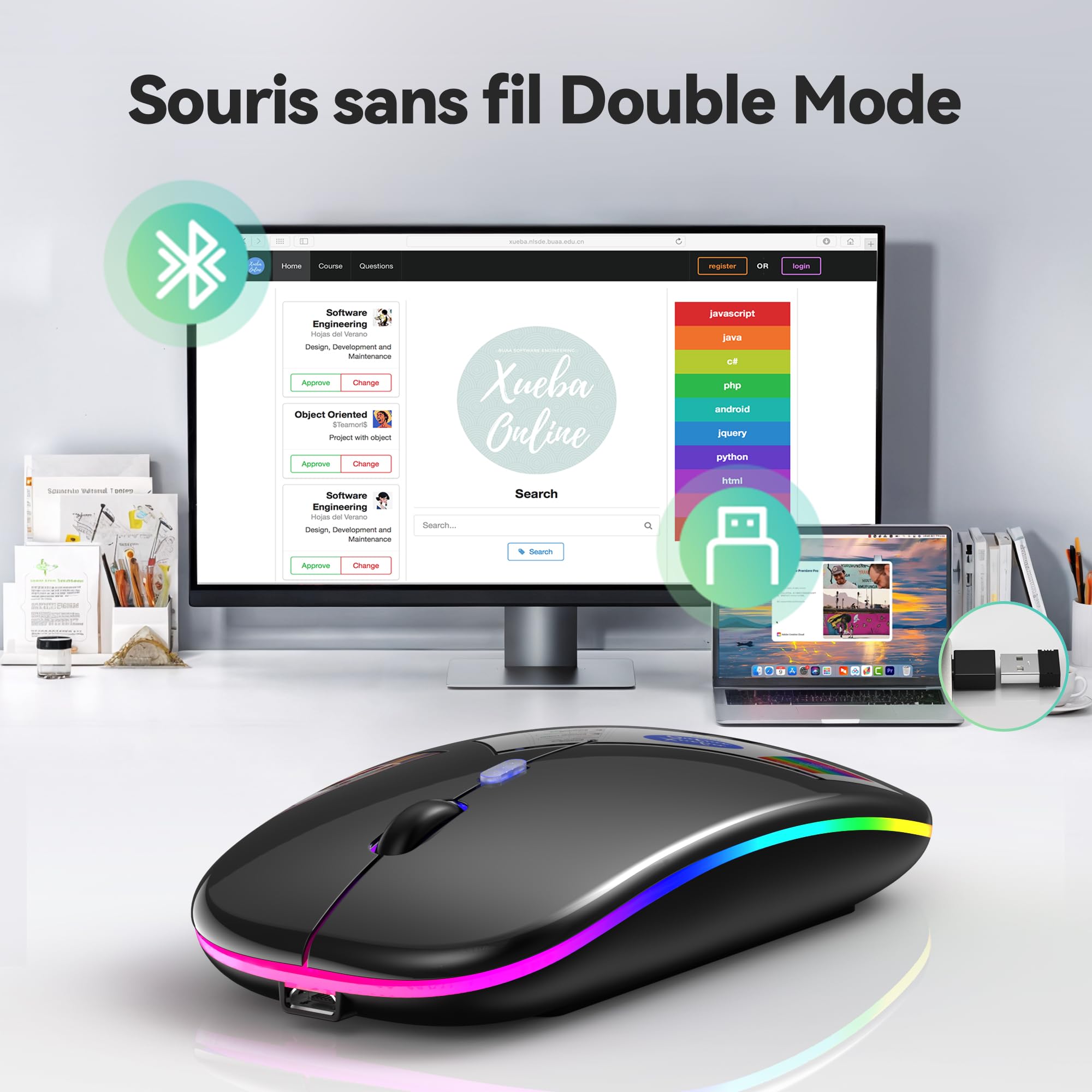 TECKNET Souris sans Fil Bluetooth 5.1, Rechargeable Souris avec Récepteur USB 2,4 GHz, 1600 DPI, Rétroéclairée de 7 Couleurs, Silencieuse, Portable, pour PC/Laptop/Mac, Noir