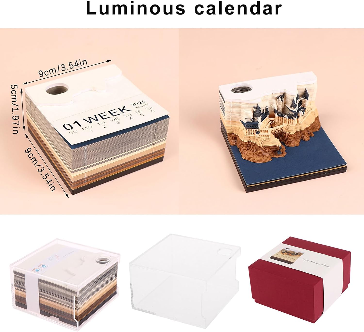 Time Piece Calendar, 2027 Desk Calendar With LED Light, 3D Tear-away Paper Carving Art Memo Pad Notepad Gift For Christmas Housewarming Desktop Decoration (With Weekly Calendar & Light)