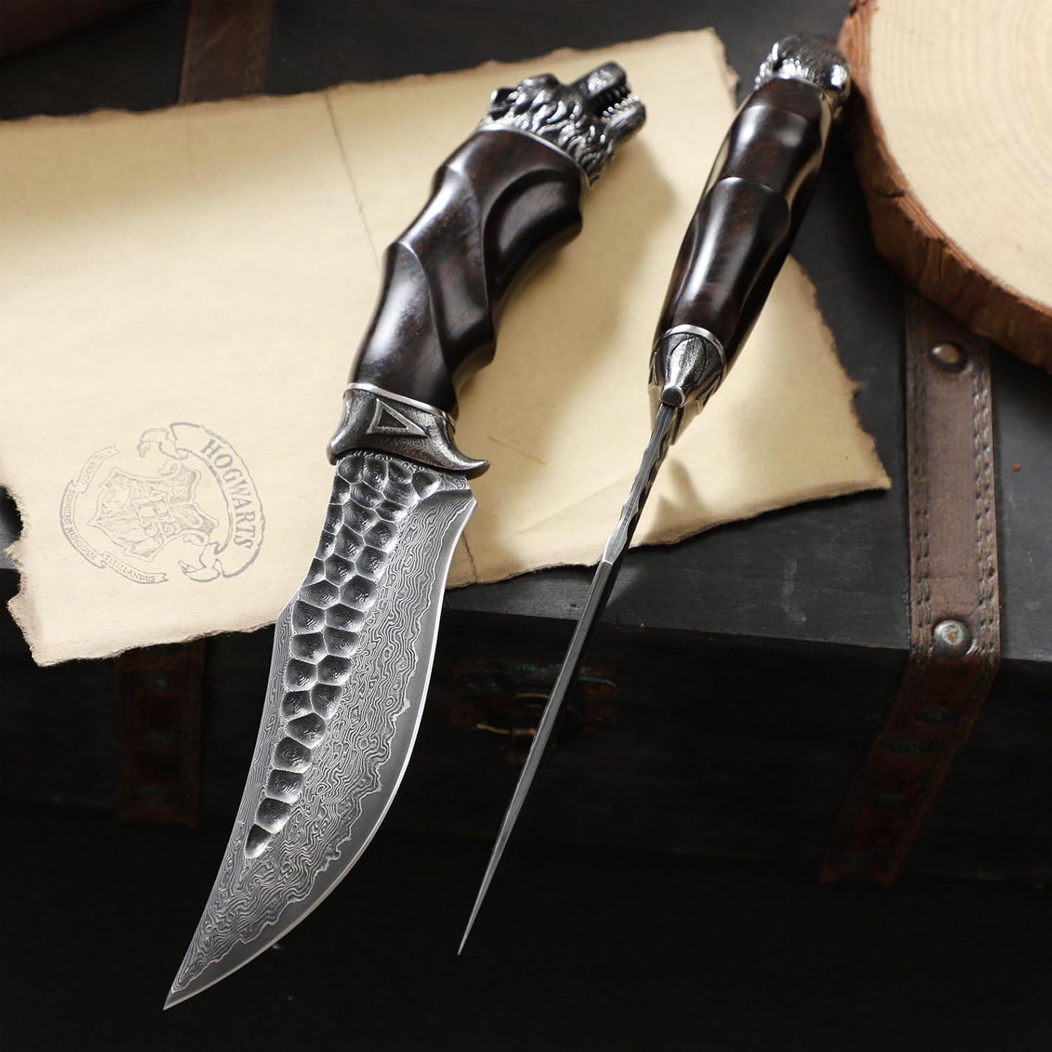Handcrafted 10 inches Damascus Steel Fixed blade hunting knife，with leather case，wolf head metal and ebony Handle，EDC Belt Knife for Men，Survival Camping Knife fishing travel knife