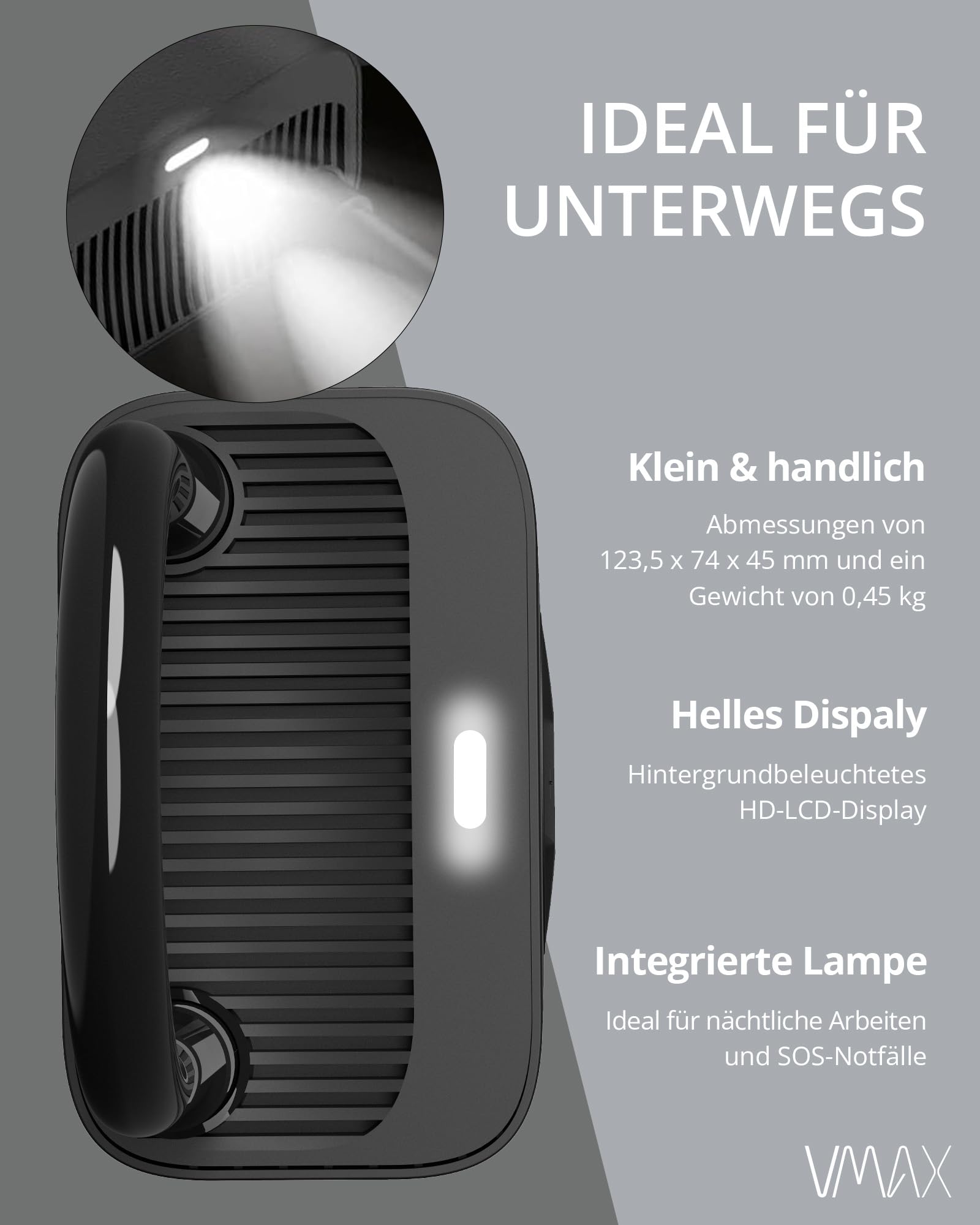 VMAX Elektrische Luftpumpe Tragbarer Mini Luft Kompressor | Für E-Scooter, Fahrrad, Auto, 150 PSI, Wiederaufladbarer 2x2500 mAh Akku, Autostop-Funktion