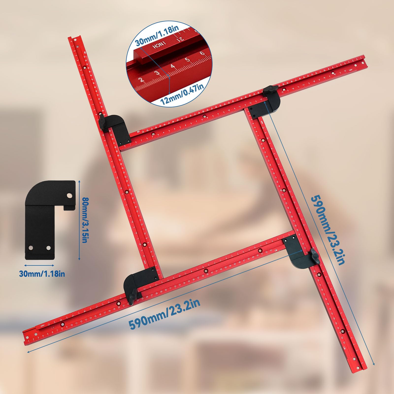 Guide de défonceuse carré réglable, gabarit de défonceuse variable pour le travail du bois, gabarit de toupie pour fente de crique et moulage de panneaux, zone de travail 53,3 x 53,3 cm