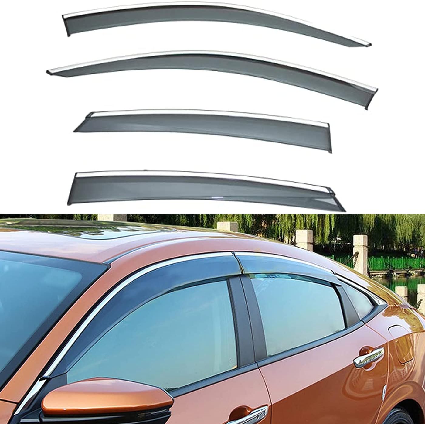 Deal 4-Piece Set Outside Mount Tape On/Clip On Type Smoke Tinted Sun/Rain Guard Vent Window Visors with Chrome Trim Compatible with 2016-2020 Civic 4-Door Sedan Only