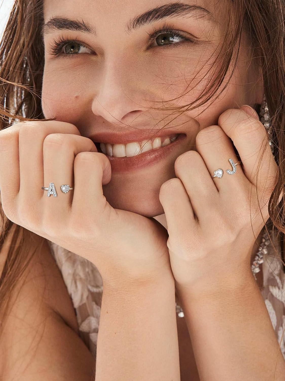 Silvora 925 Sterling Silver CZ Initial Ring, Dainty Adjustable Open A-Z 26 Alphabet Letter Rings for Women