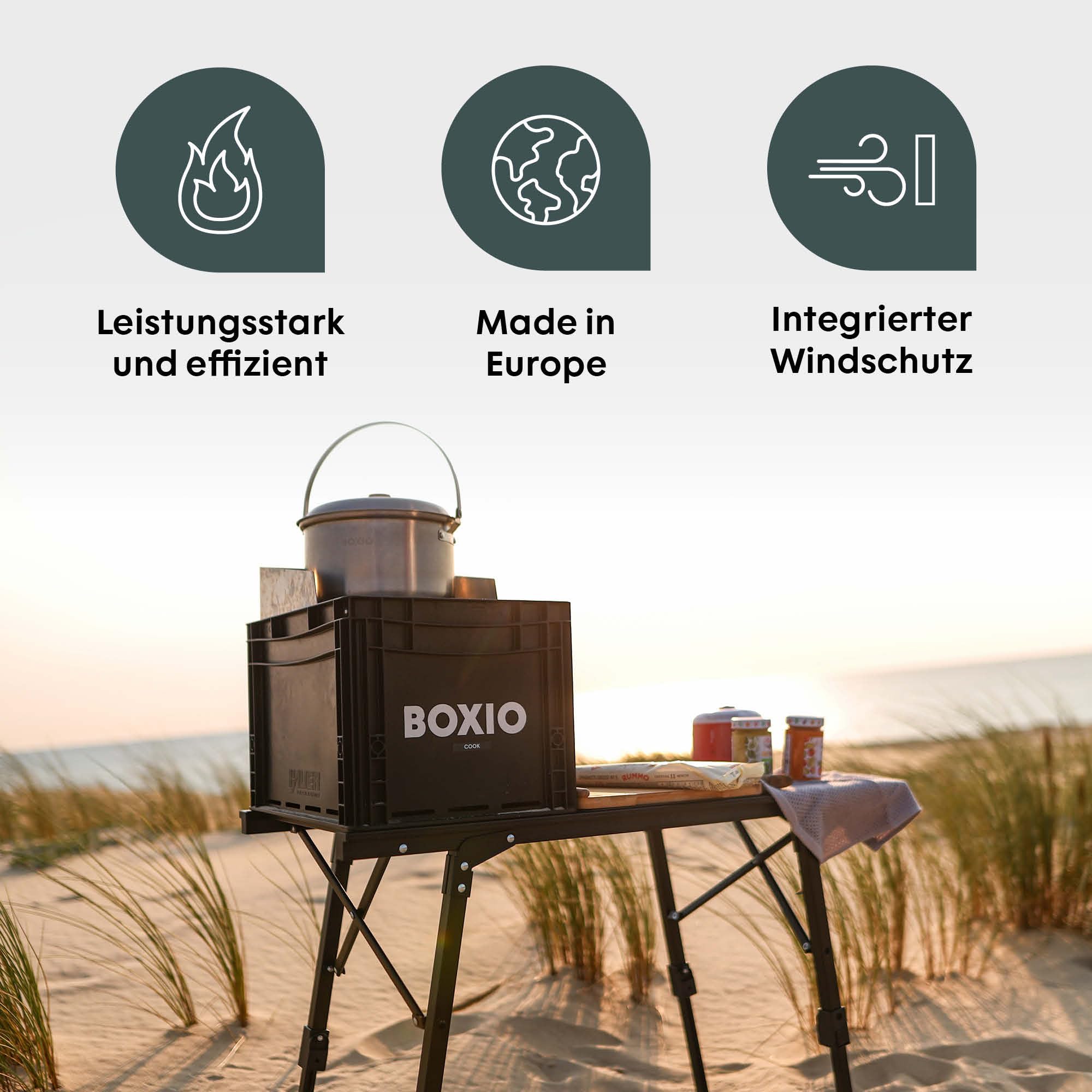 BOXIO - COOK Plus: zestaw startowy kuchenki kempingowej z miejscem do przechowywania, osłoną przeciwwietrzną i kompletem garnków kempingowych, kuchenka gazowa na kartusze do kempingu, outdooru