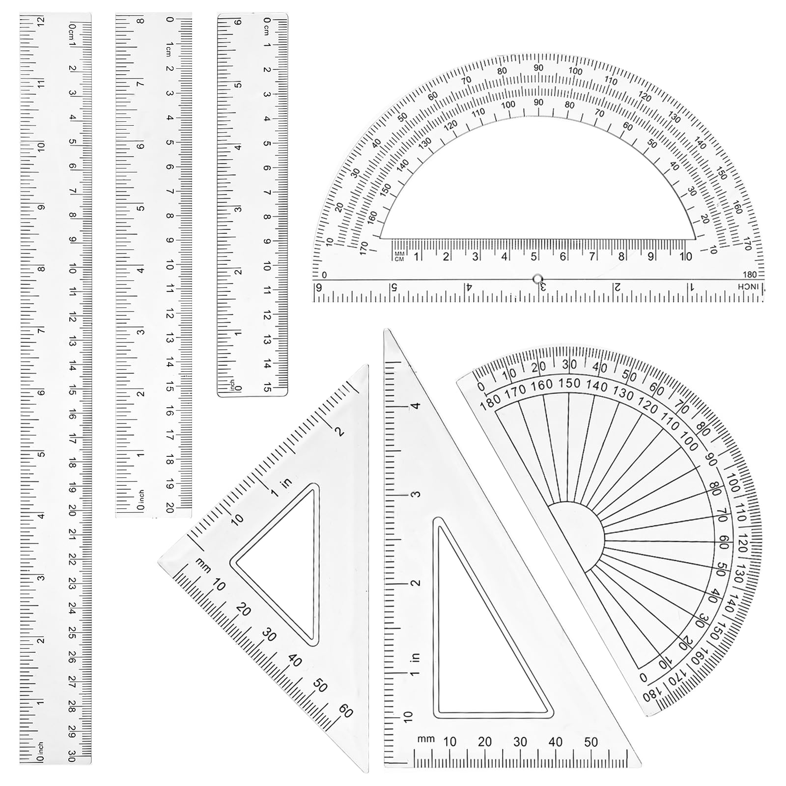 Juego de 7 reglas transparentes para transportador, incluye transportador, reglas triangulares, reglas rectas de 12 pulgadas, 8 pulgadas y 6 pulgadas, kit de reglas de plástico para escuela