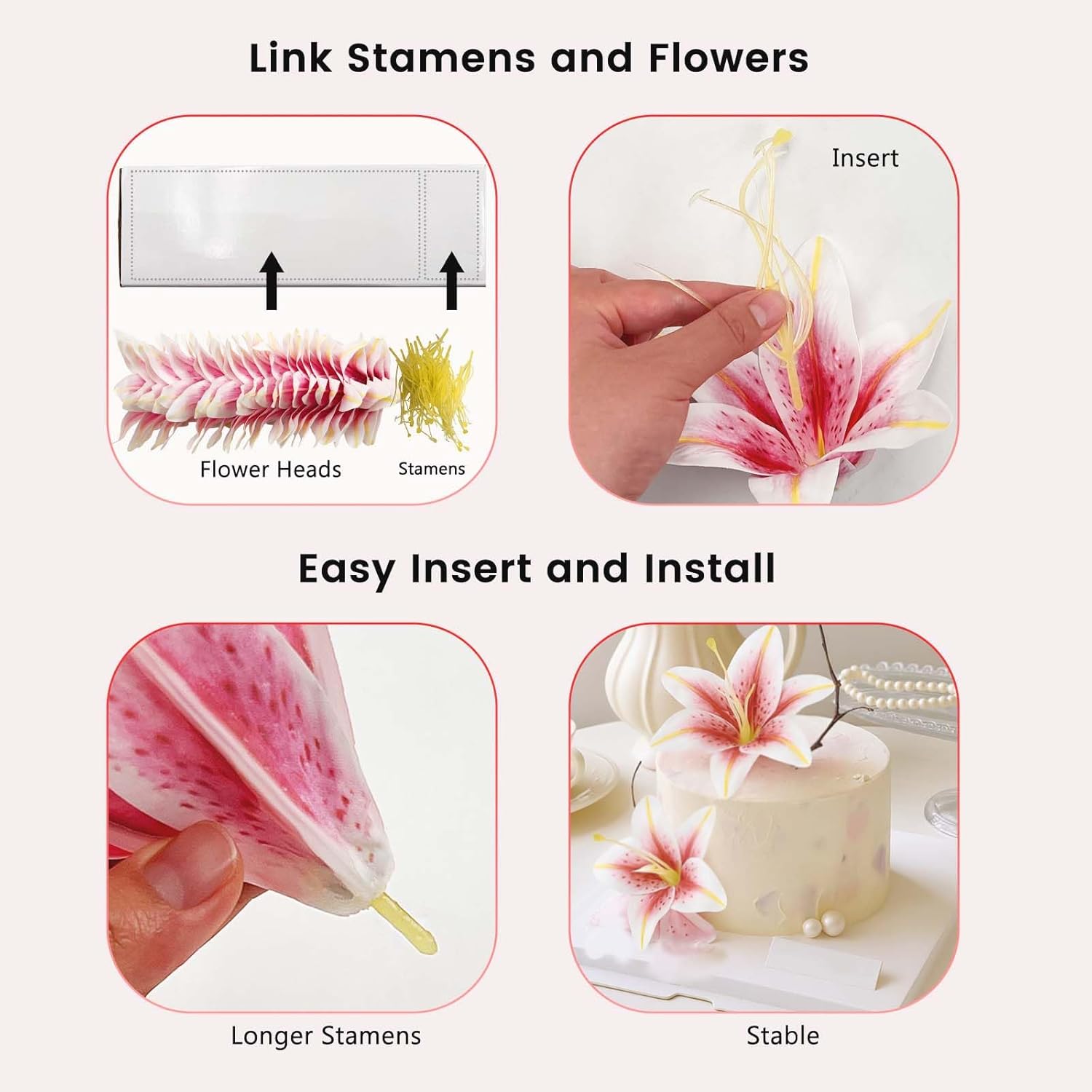 SNAIL GARDEN 24PCS 5.5" Large Fake Lilies Flower Heads with Realistic Stamens,24PCS Pink Artificial Flower Heads, Bulk Silk Flowers for Crafts, Cake Decorating, Wedding Party Wreath, Home Decor - Image 4