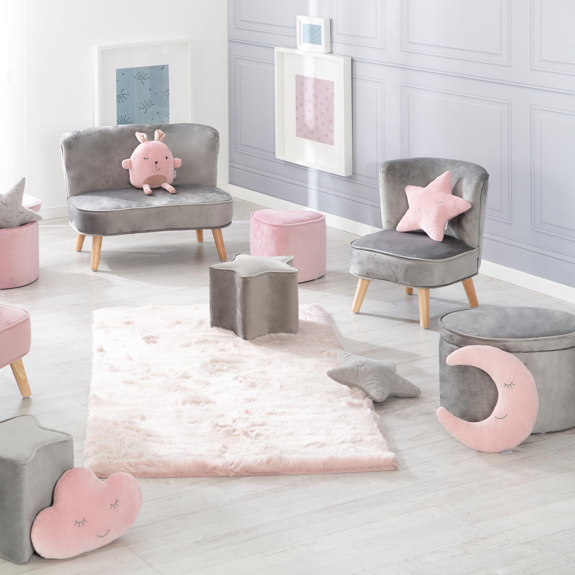 roba Fotel dziecięcy Lil Sofa - Wygodny fotel dla dziewcząt i chłopców - Stabilne drewniane nogi - Do pokoju niemowlęcego i dziecięcego - Materiał z weluru - Szary