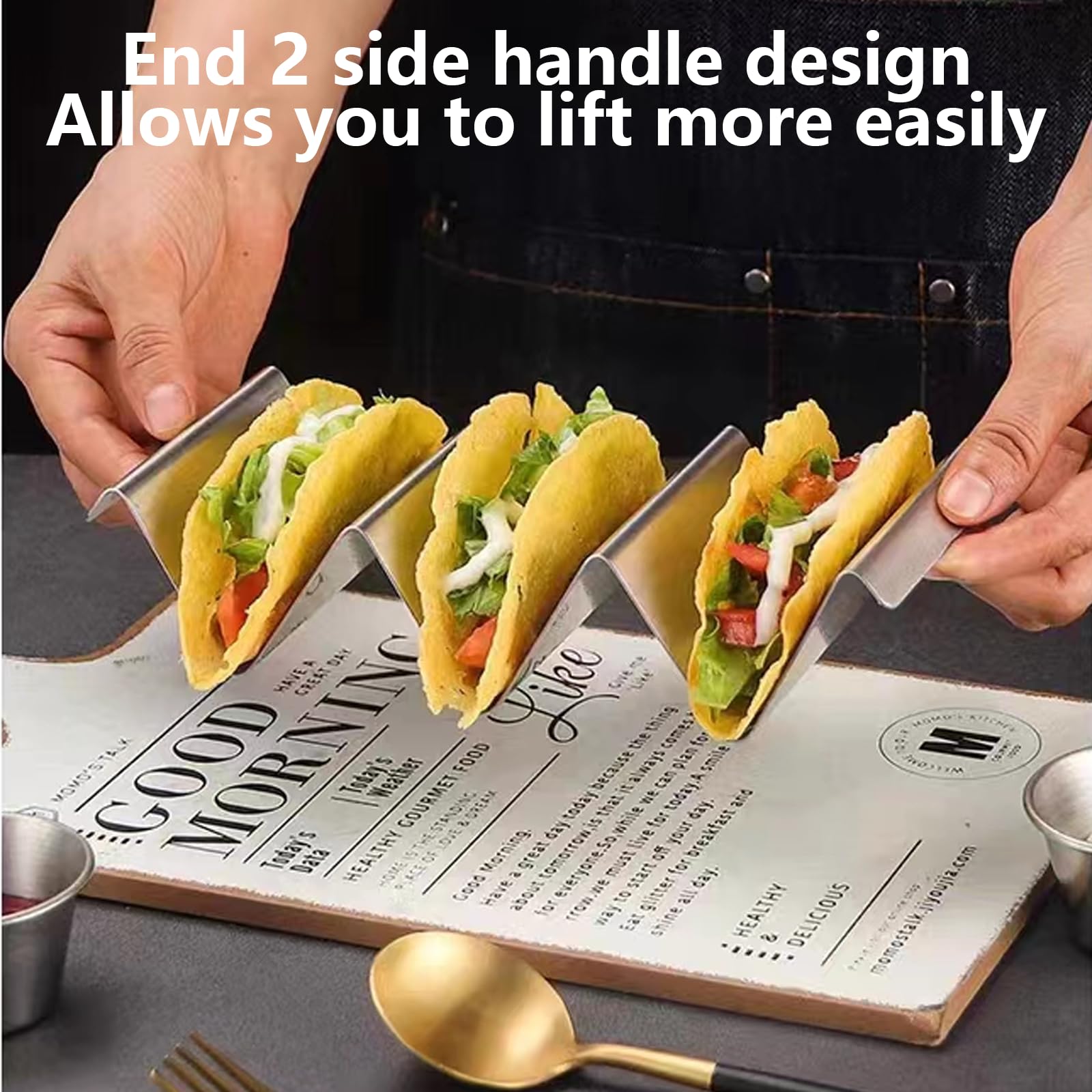 AKOLAFE 6 Stück Taco Halter Edelstahl 25x10x4.5cm Tacohalter Taco Holder mit Griffen Hot Dog Halter Ständer U-förmiges Taco Rack Dino für Tacos, Sandwiches, Brot, Hot Dogs und Waffeln