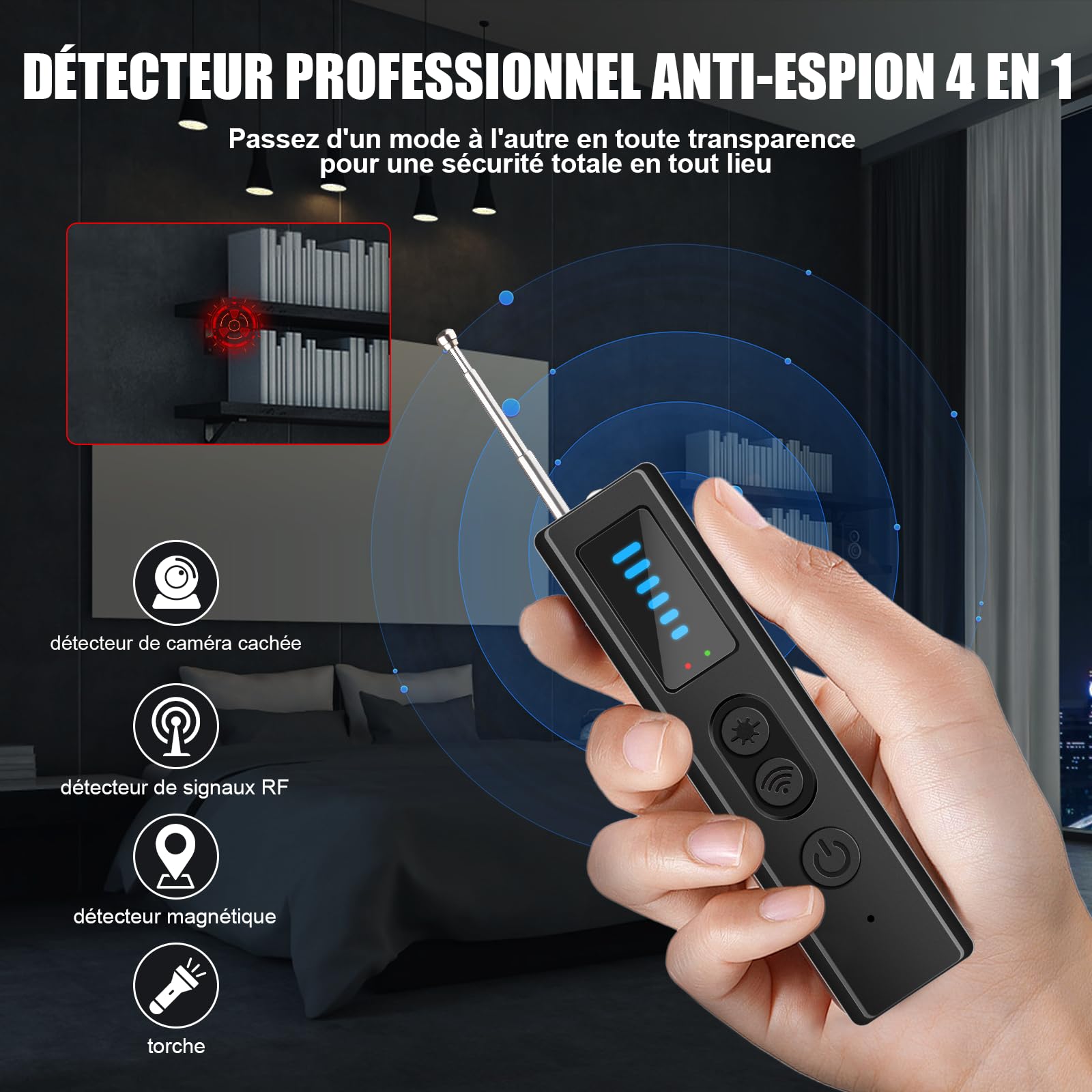 Detecteur de Camera Micro Espion, Anti-Espion GPS Tracker Scanner Détecter, Détecteur de Bugs Micro Espion Ecoute a Distance pour Bureau, Hôtel, Maison