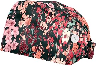 Floral Flowers 2 Pack Adjustable Working Cap with Buttons Elastic Bouffant Hats Head Scarf with Sweatband for Women Men