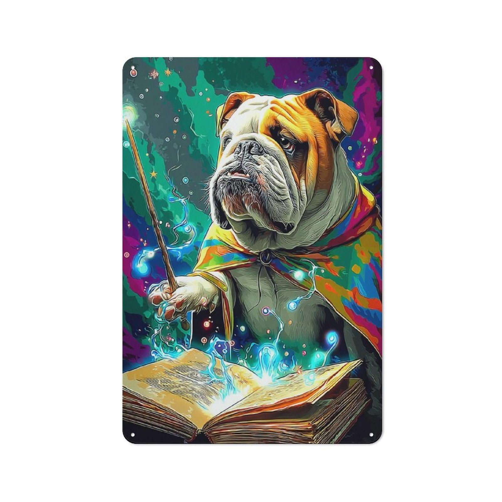 Metal Sign 30x20cm with Magical Bulldog Wizard Art for Pub Or Café, Vintage Decor, for Metal Sign Collectors, for Garage And Workshop Walls