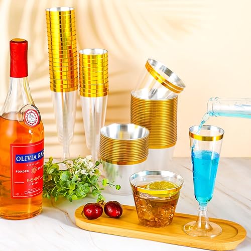 Miniatura 3 de Paquete de 100 copas de champán de plástico de 9 onzas, copas de vino desechables transparentes de 5 onzas, copas de champán con borde dorado, copas