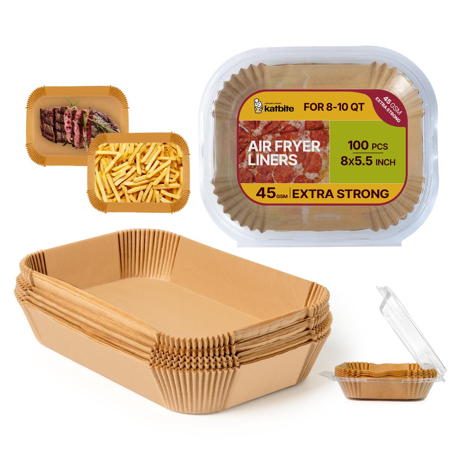 katbite air fryer liners disposable - 100pcs, 8x5.5'' rectangle liners for air fryer basket, thick air fryer parchment paper liners for ninja dual airfryer accessories, dz201, dz401, fg551