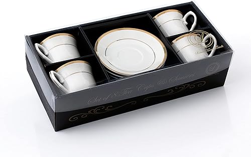 Miniatura 5 de Elegante juego de tazas y platillos de té y café de porcelana duradera y colorida, color dorado, juego de 4, 8 onzas.