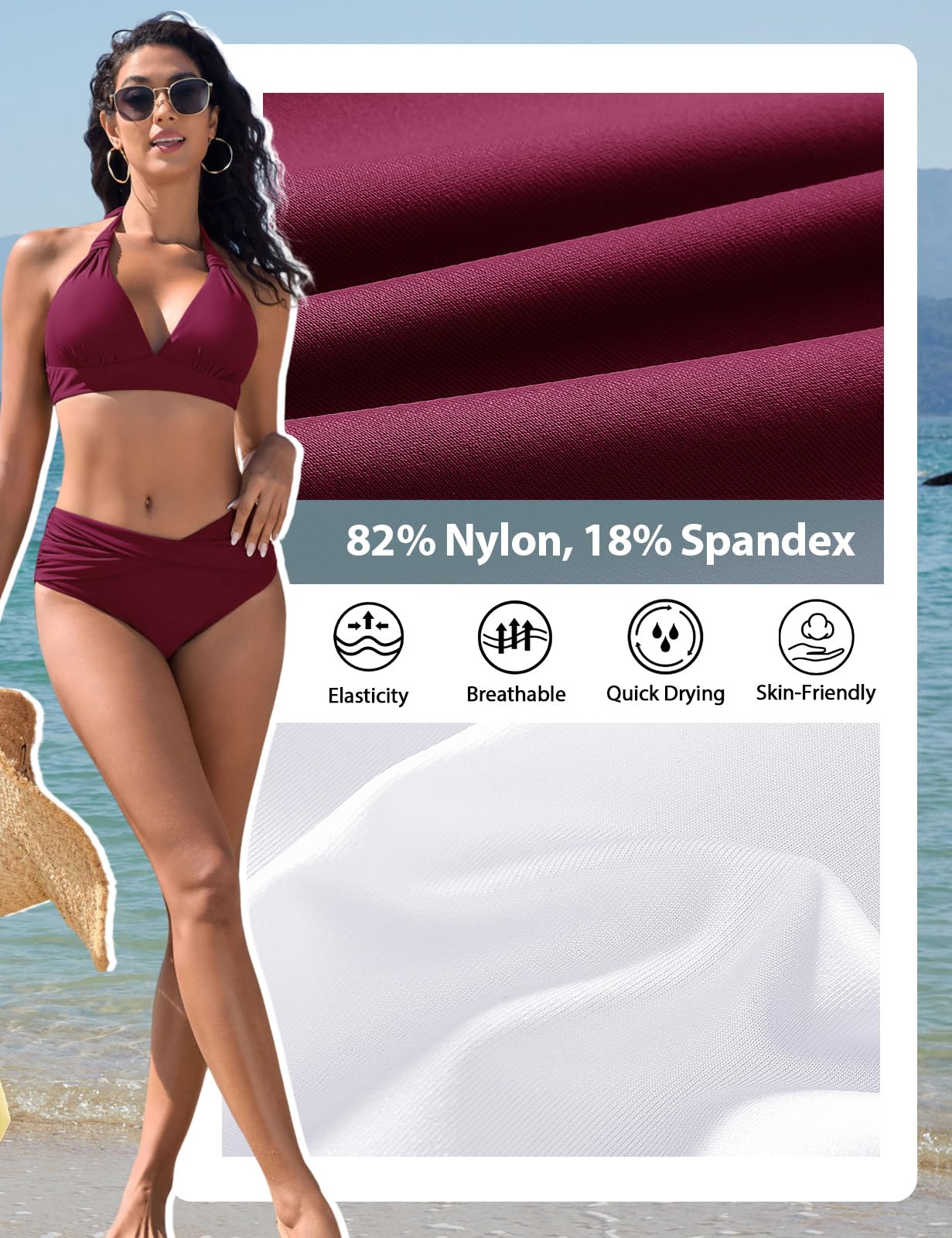 Nadeer Maillots de Bain 2 Pièces Col V Bikini Set Push Up Ensembles Deux Pièces Sexy Midi Taille Haute Beachwear Élégant Vintage Halter Ties-up Swimsuit Ensemble de Bikini
