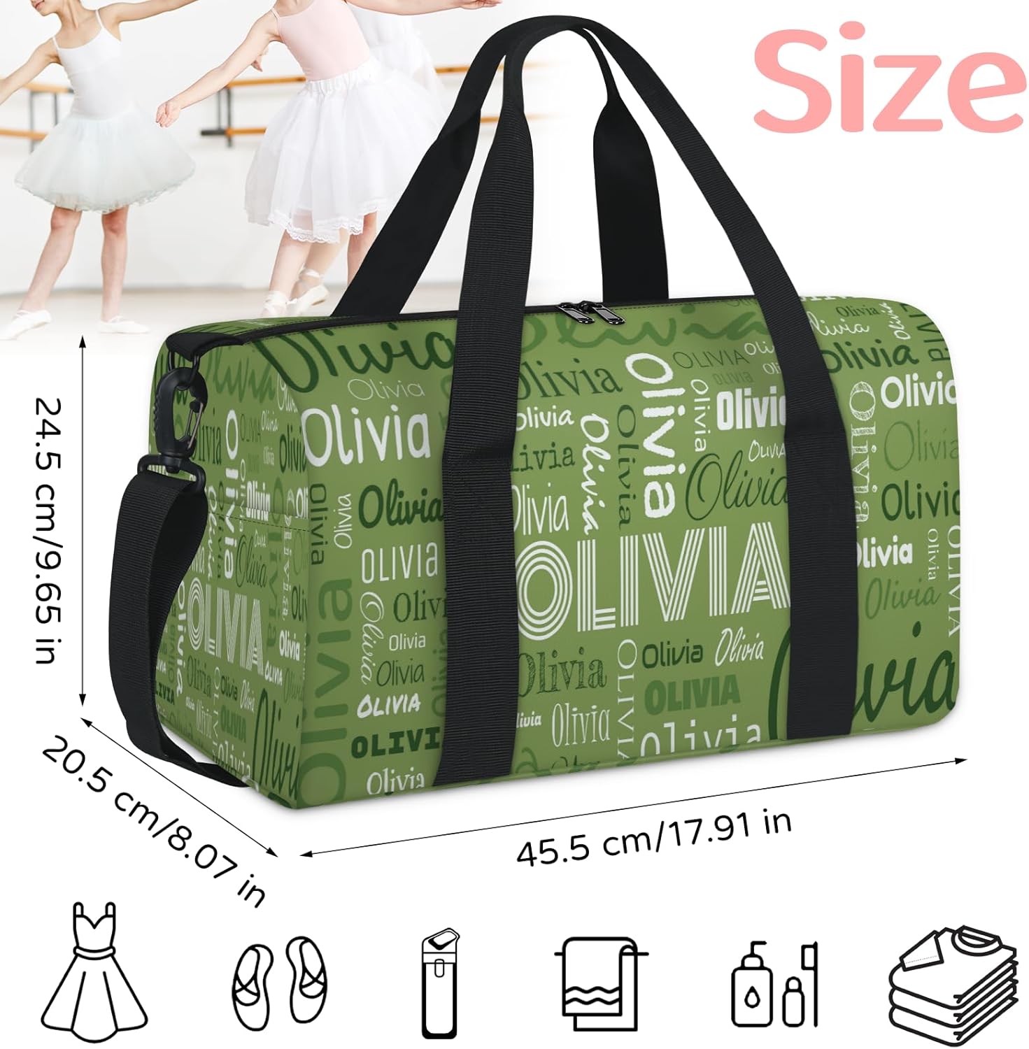 Personalized Travel Duffel Bag Custom Sports Gym Bag with Name, Weekender Bags Gift for Women Men, Light Green
