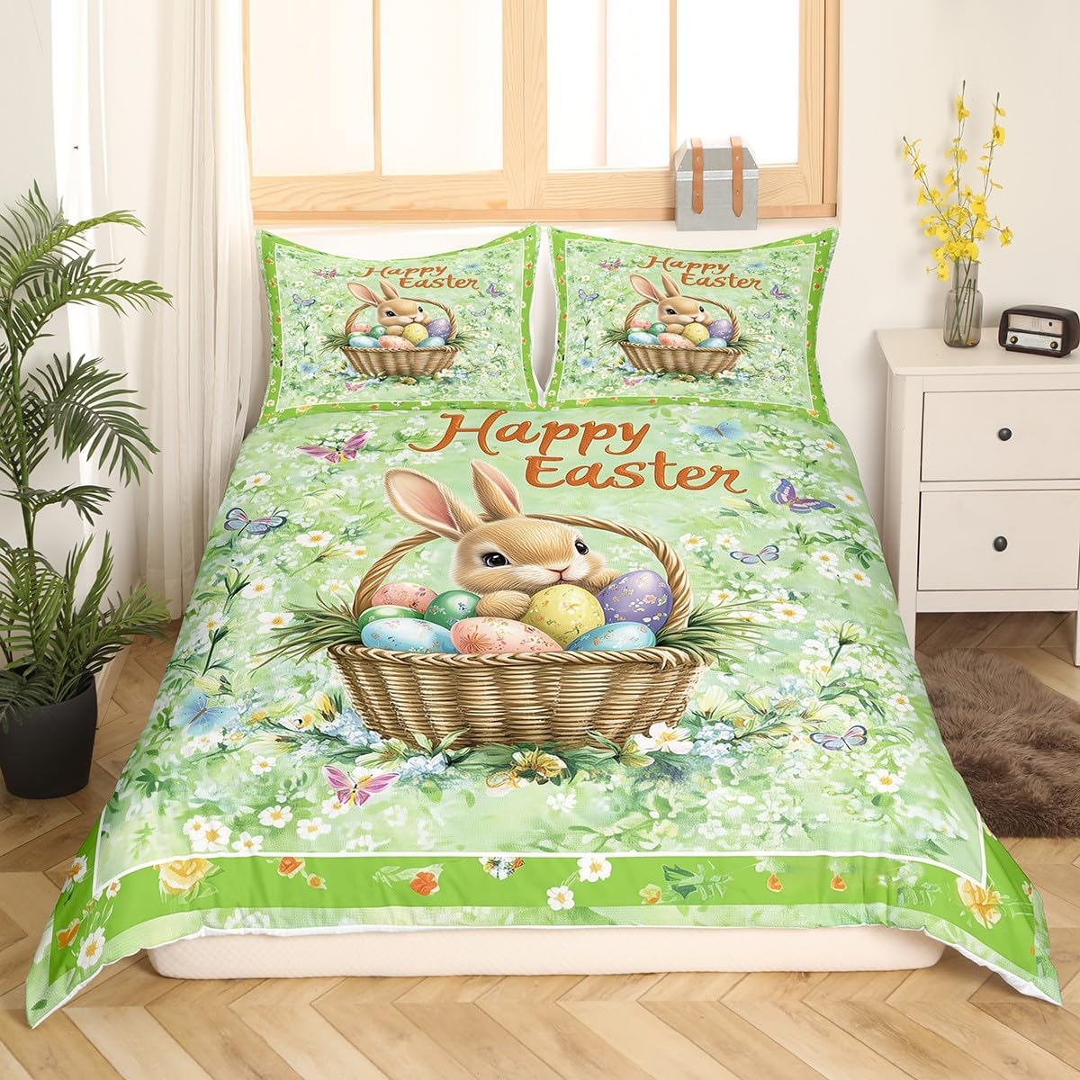 Easter Duvet Cover Set Toddler Size,Cute Bunny Rabbit Easter Eggs Bedding Set,Boys Girls Room Decor,Butterfly Daisy Flowers Rustic Animal Comforter Cover,Green Quilt Cover,1 Pillowcase(No Filler)