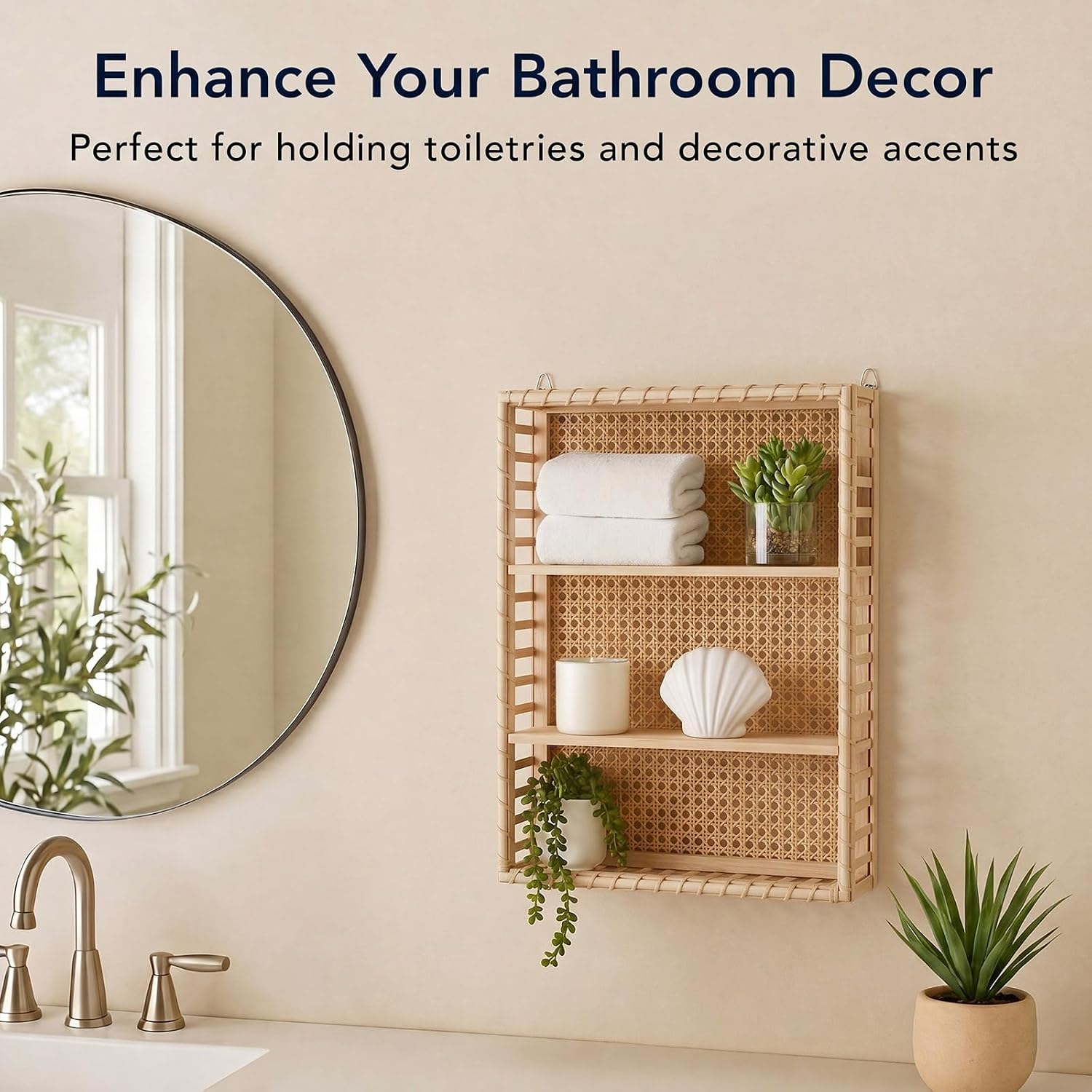 Pinkunn 24x19 Inch Wood Boho Rattan Wall Shelf with Hooks, 3tier Rectangular Natural Floating Shelf Rustic Farmhouse Woven Wicker Display Rack Decorative for Bathroom Bedroom Livingroom Nursery Home