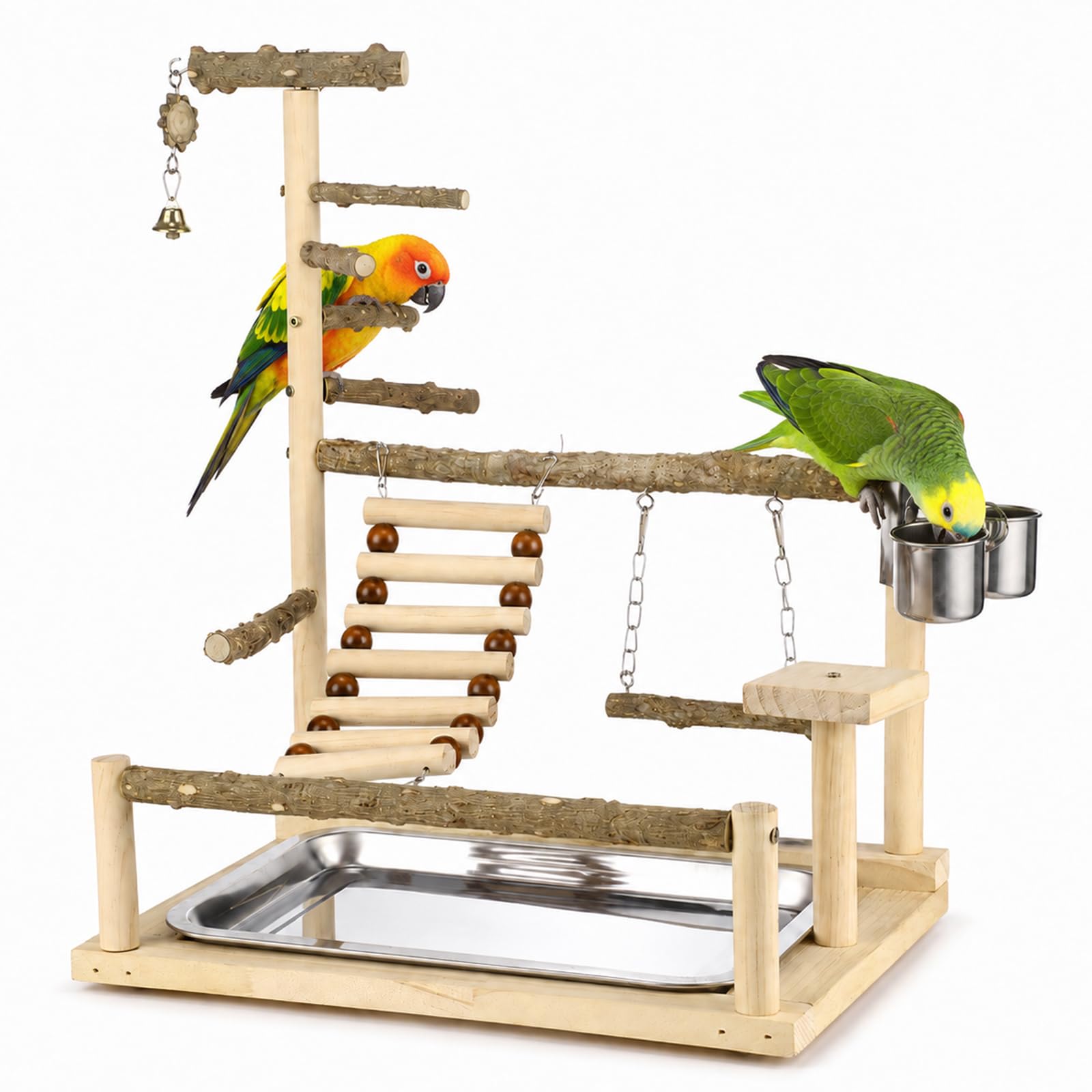Multi-Layer Wooden Bird Playground Parrot Play Stand with Stainless Steel Tray and Feeder Cups, 14.6 x 10.2 x 17.7 in Budgie Interactive Gym with Climbing Ladder for Cockatiels Lovebirds